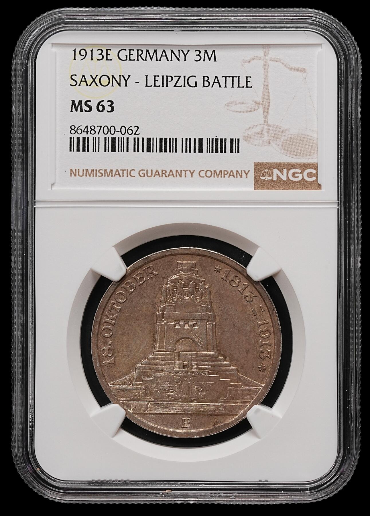 修遠堂世界钱币第112期 NGC MS63 1913年萨克森-莱比锡战役百年纪念3马克银币
