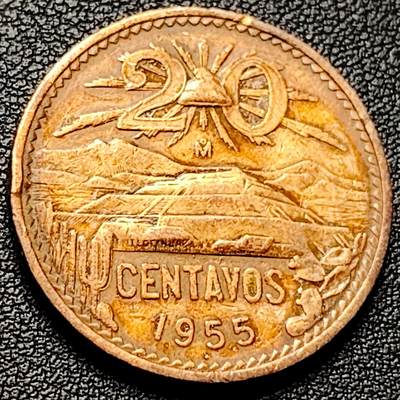 泉币菌-第228场-三月三 上巳节专场 拍品多 请提前出价 墨西哥1955年 20分青铜币 28.5毫米 10.0克 鹰蛇仙人掌