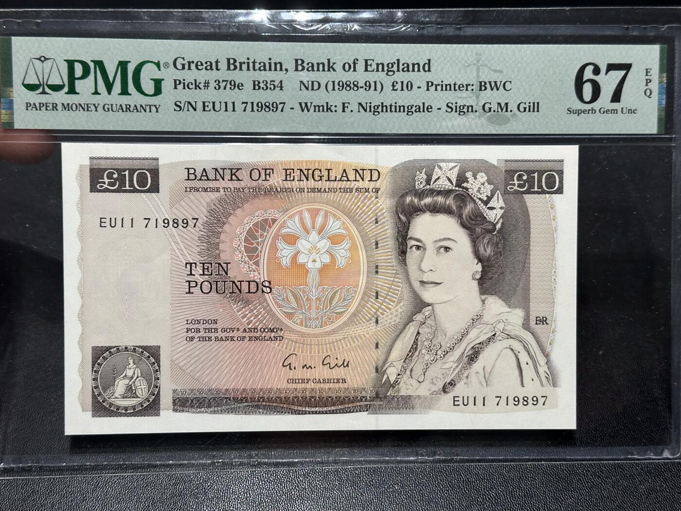 《外钞收藏家》第六百二十八期（精品百拍场）（长期征集拍品、欢迎藏友们联系合作） 1988-91年英国D序列10镑 PMG67 BWC版