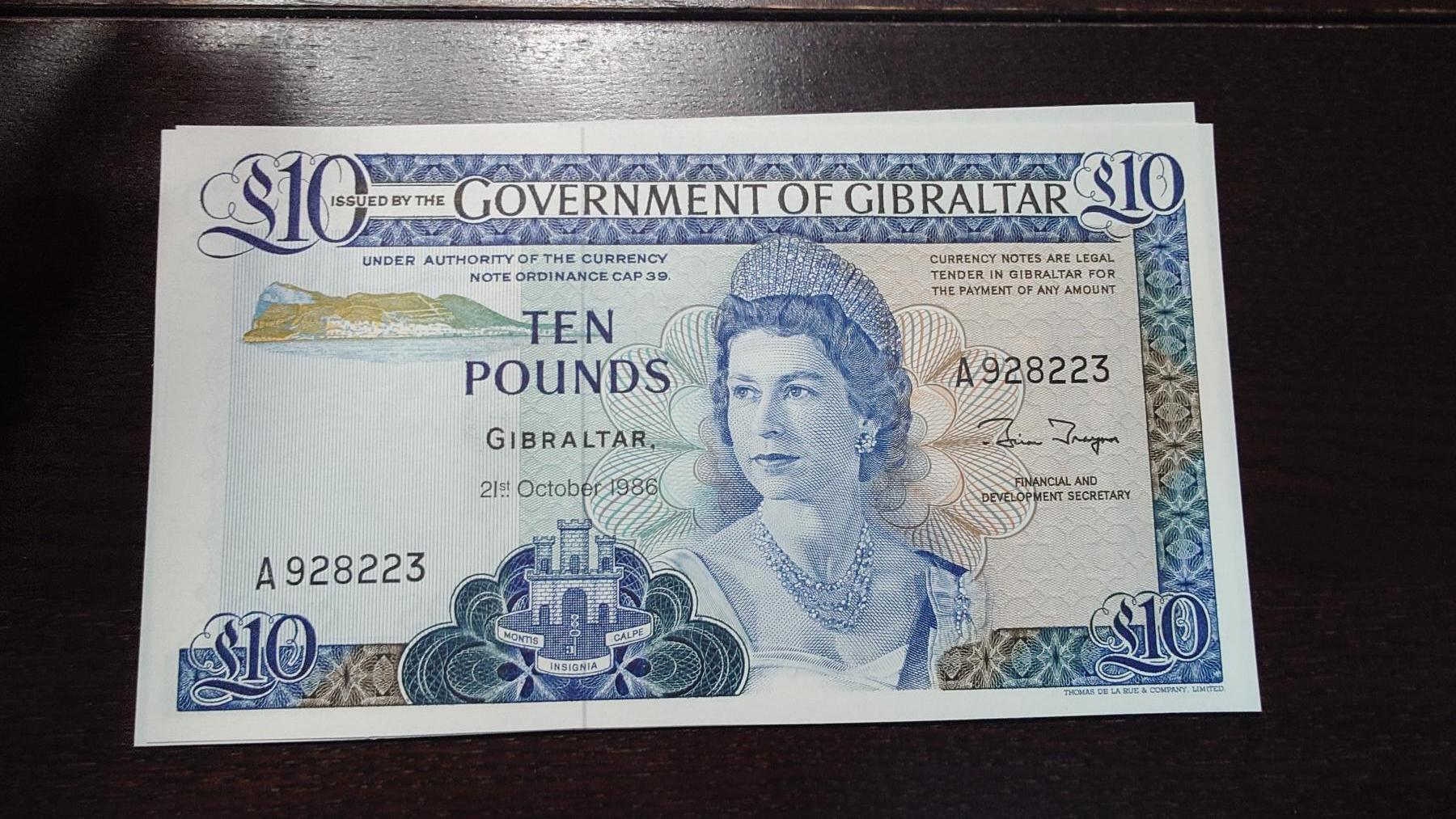 世界钱币～微拍第245期暨2026年第26期  新货卖剩品种部分上架提供选购【有看中的就一开始就出价，别为了晚付几天押金拖到最后，这里没出价的只要群里卖掉了就会撤】 1986年直布罗陀10镑 全新绝品无47尾号223