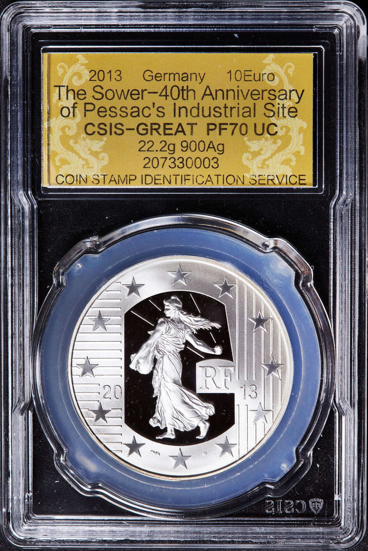 【俄甄集藏】满园春色-2026年(051)04-22星期三 晚 19:30 全场包邮 法国2013年纪念陪萨克工业园区成立40周年10欧元精制银币，信泰 PF70UC，罗蒂的“播种者”图案设计经典，重22.2克，900银，发行量6348枚