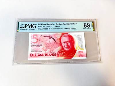 【Blue Auction】世界纸币精拍第811期——18级TOP拍卖/信誉/品质/专业/高效💫 【A冠千位小号无47】福克兰群岛 2025年5镑 PMG68EPQ 高分 