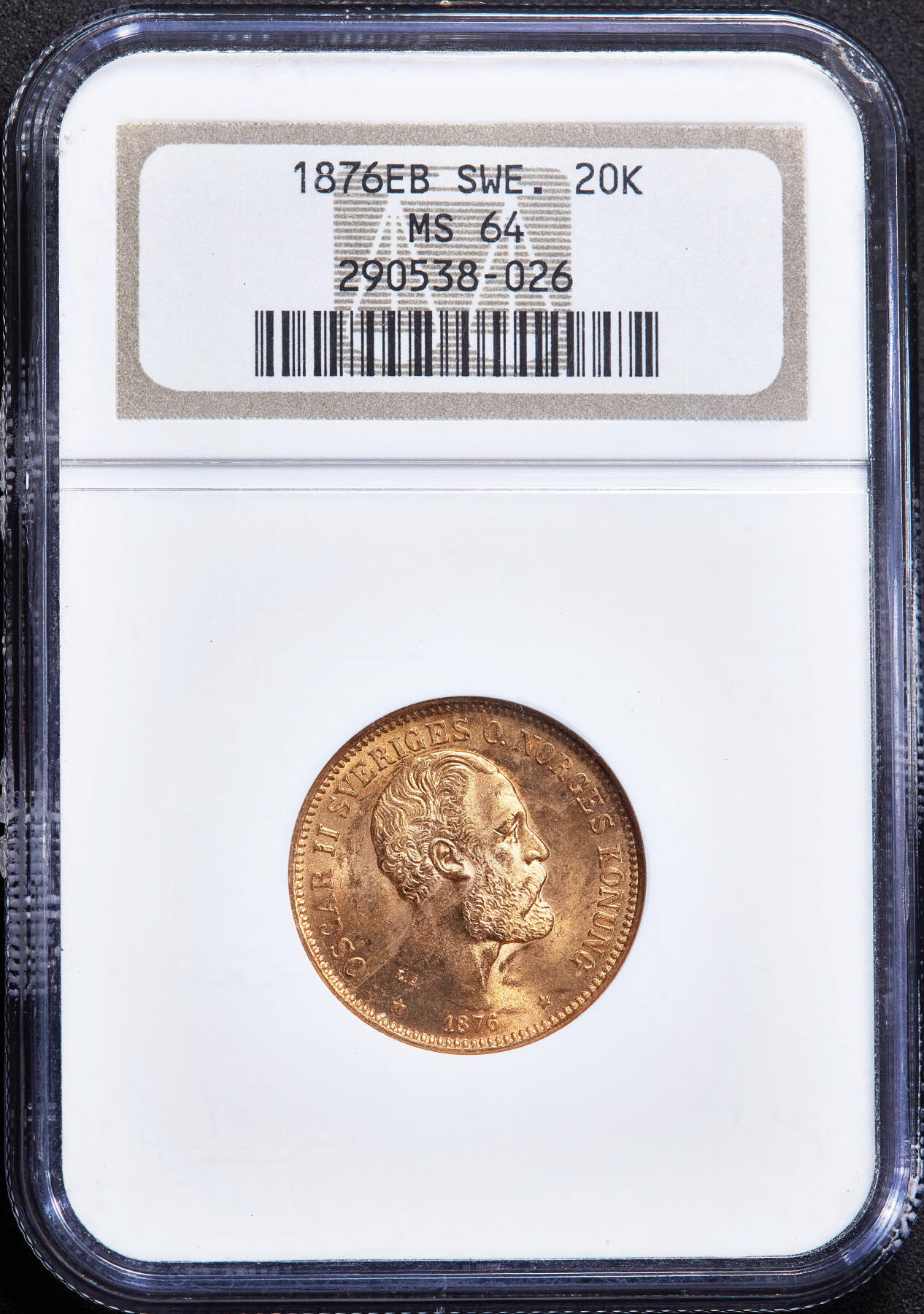 【俄甄集藏】满园春色-2026年(051)04-22星期三 晚 19:30 全场包邮 瑞典1876年奥斯卡二世EB版20克朗金币，NGC MS64，转光品相，重8.9606克，900金，名誉品种