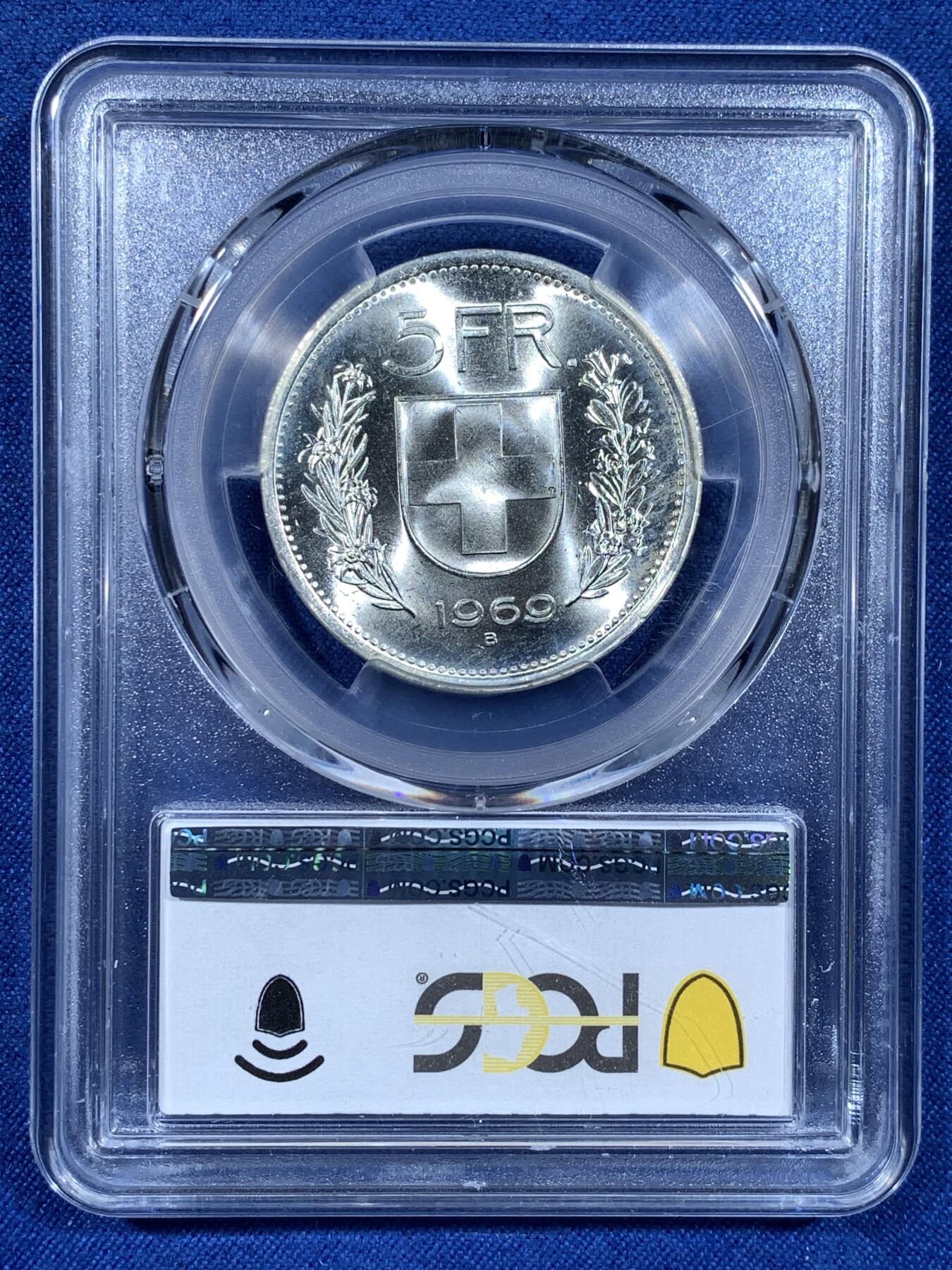 《竞宝斋》第481场 周日，周一 2场连拍 （全场包邮）20级店铺 欢迎送拍 PCGS MS65 瑞士1969年5法郎银币 霜感强烈