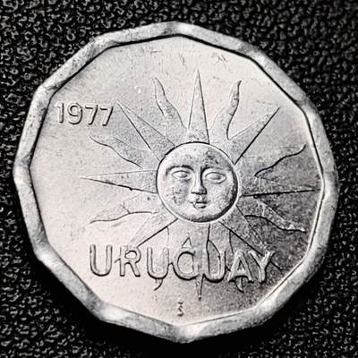 泉币菌-第228场-三月三 上巳节专场 拍品多 请提前出价 - 原光极美 乌拉圭1977年1分铝币 太阳神笑脸 多边形 