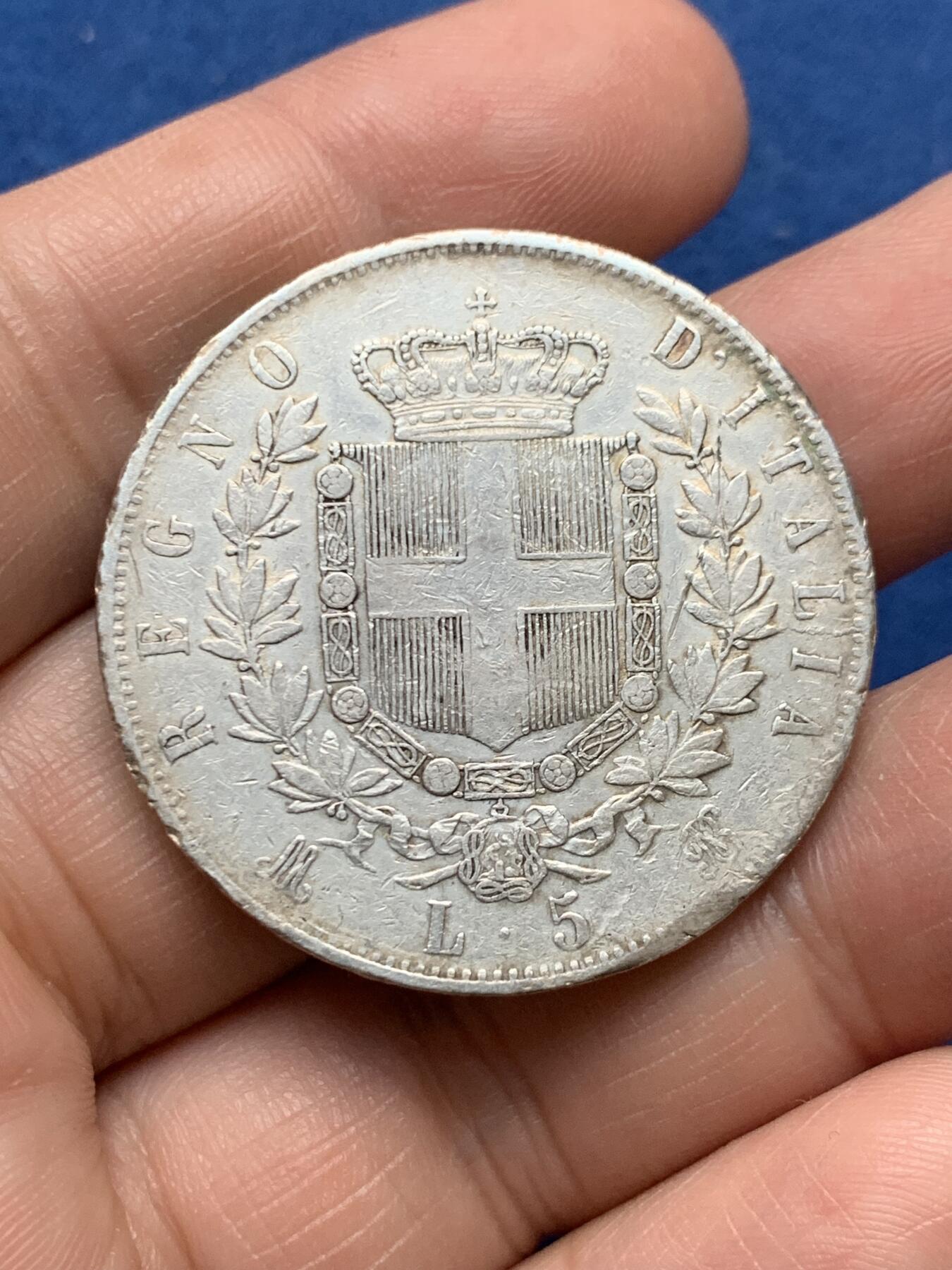 《竞宝斋》第481场 周日，周一 2场连拍 （全场包邮）20级店铺 欢迎送拍 意大利1873年伊曼纽尔二世5里拉银币 24.9克