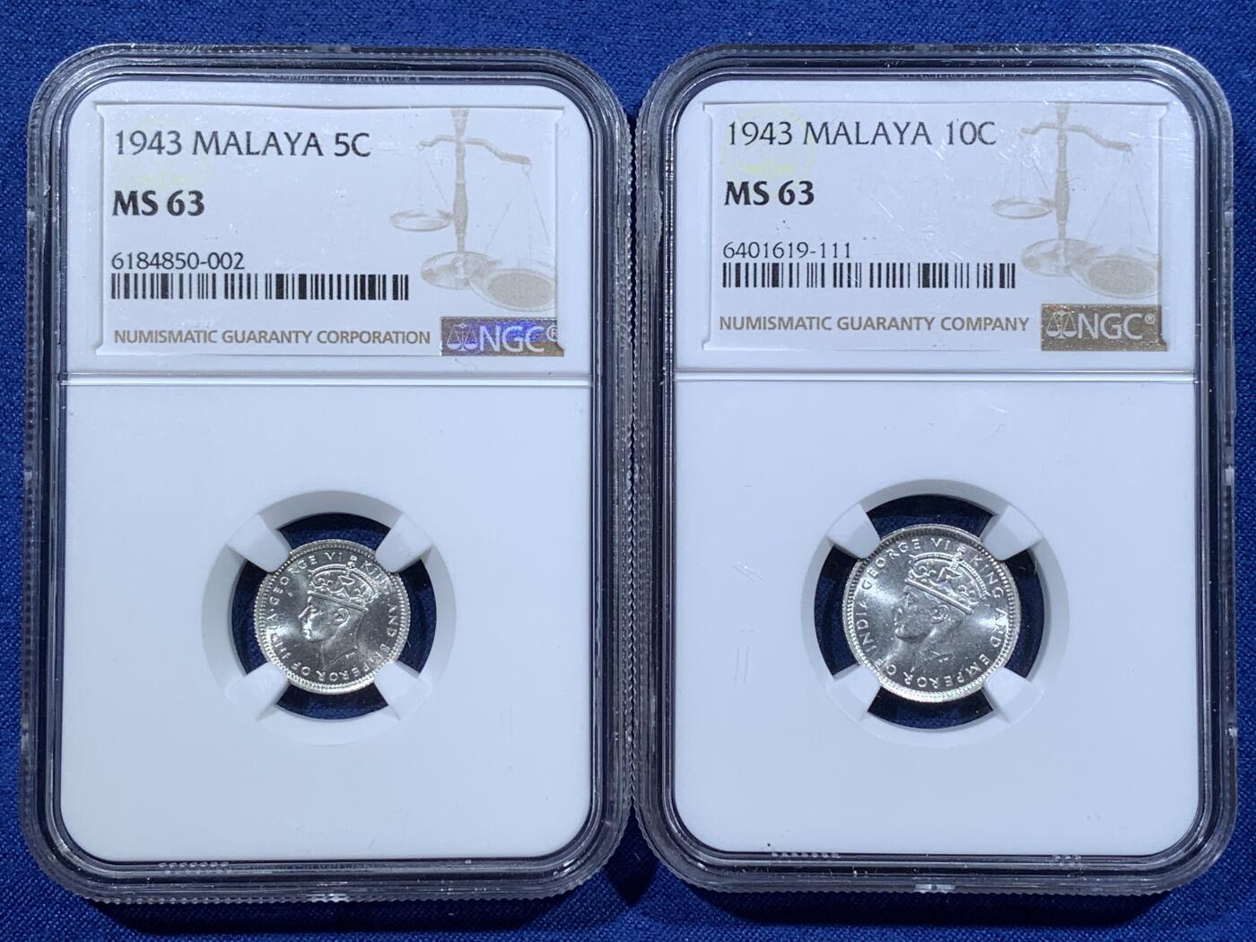 《竞宝斋》第481场 周日，周一 2场连拍 （全场包邮）20级店铺 欢迎送拍 两枚一组 NGC MS63 马来亚1943年乔治六世5分+10分银币