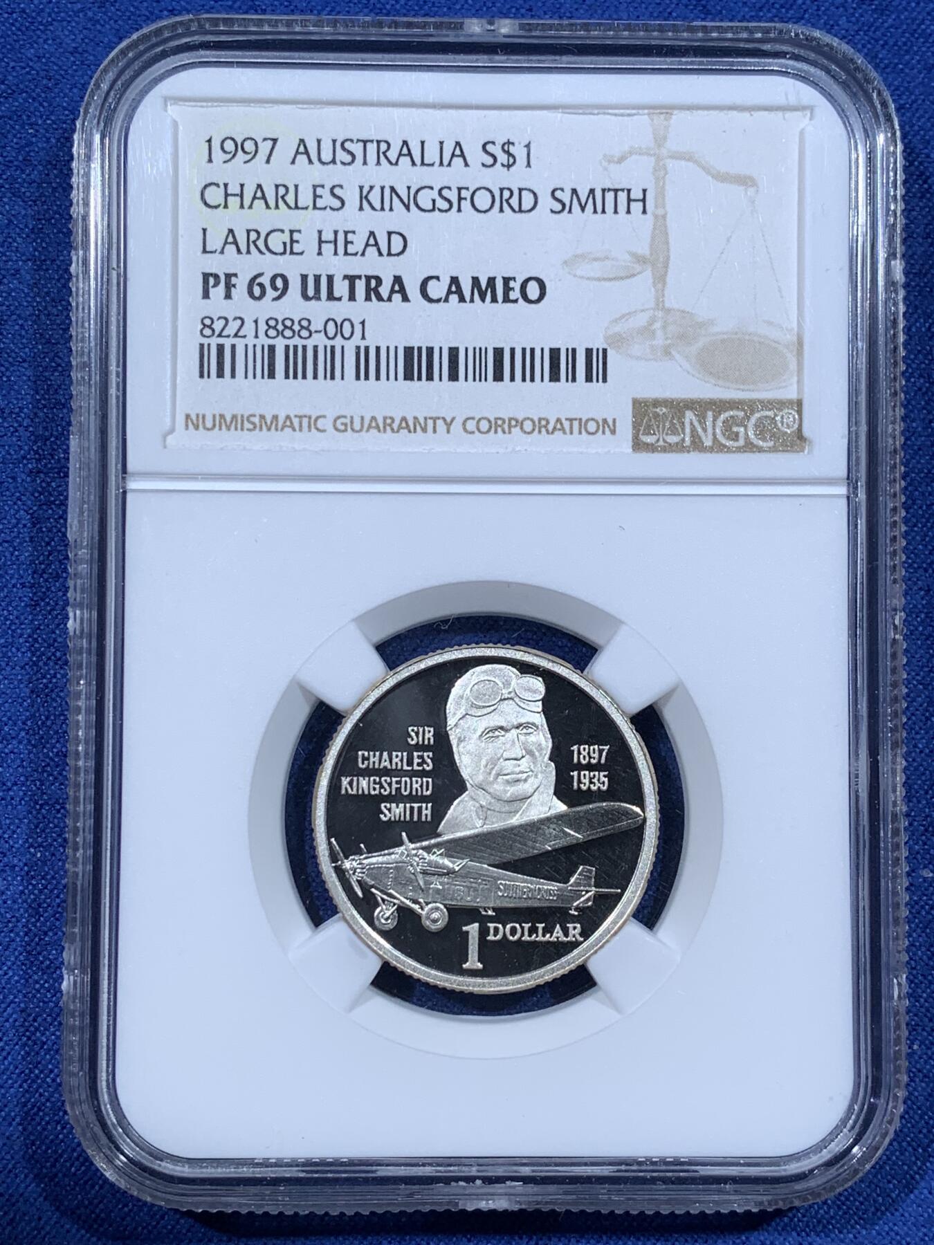 《竞宝斋》第481场 周日，周一 2场连拍 （全场包邮）20级店铺 欢迎送拍 NGC PF69UC 澳大利亚1997年查尔斯·金斯福德·史密斯爵士百年诞辰纪念银币