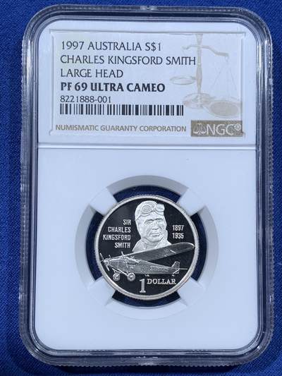 《竞宝斋》第481场 周日，周一 2场连拍 （全场包邮）20级店铺 欢迎送拍 - NGC PF69UC 澳大利亚1997年查尔斯·金斯福德·史密斯爵士百年诞辰纪念银币