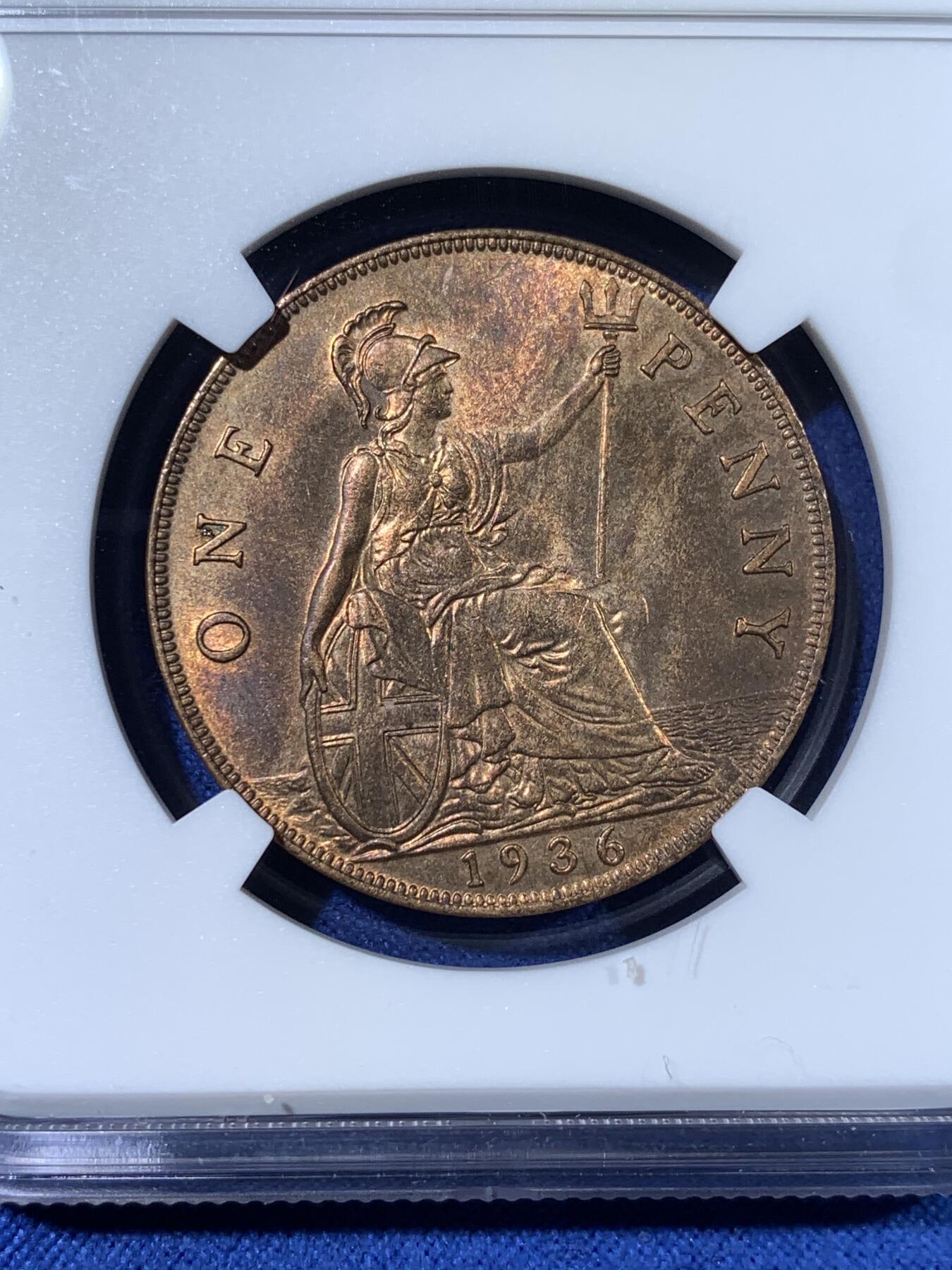 《竞宝斋》第481场 周日，周一 2场连拍 （全场包邮）20级店铺 欢迎送拍 NGC MS63RB 英国1936年乔五1便士 英系经典品种，背面经典不列颠女神形象深入人心