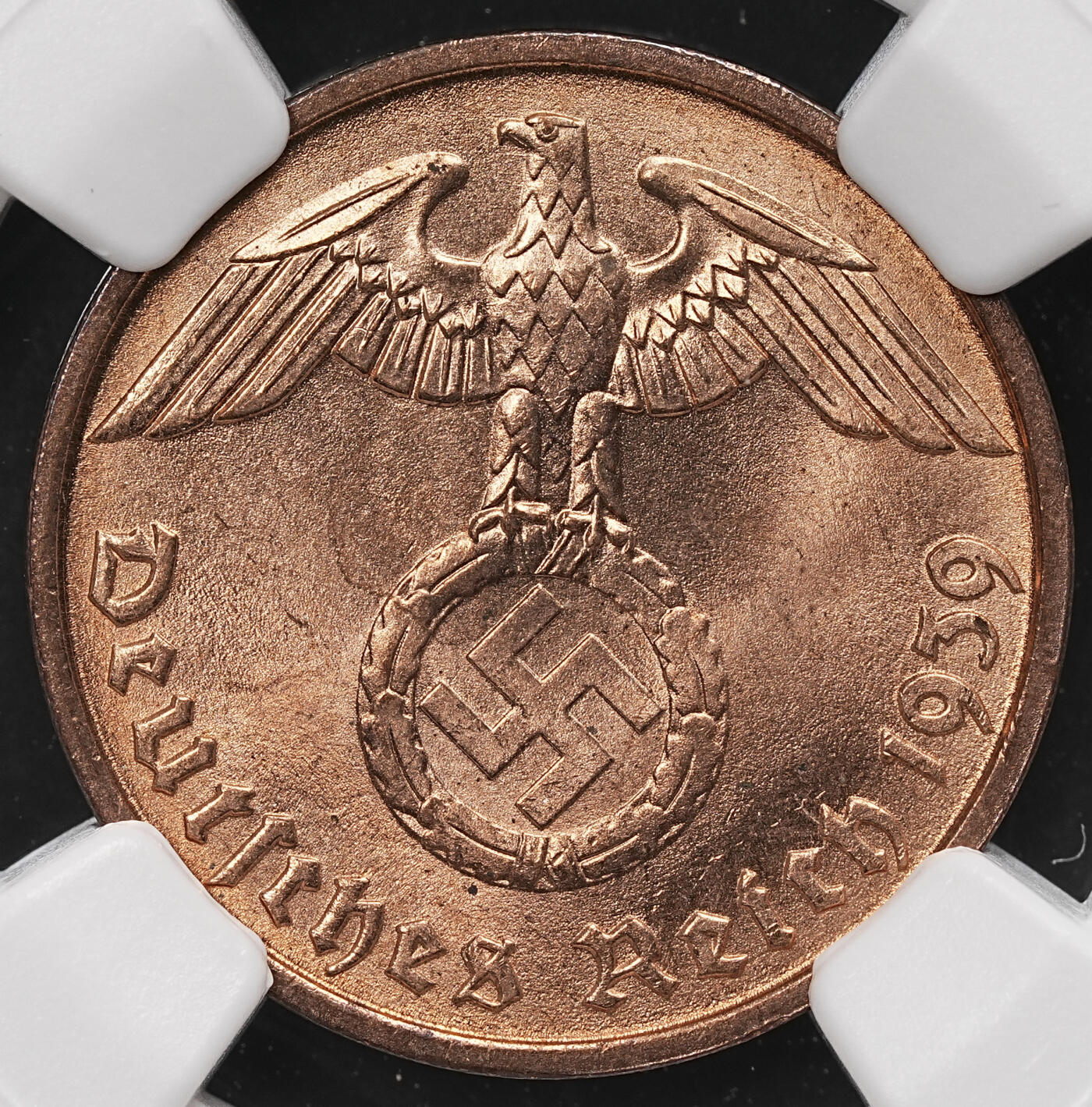 修遠堂世界钱币第112期 NGC MS65RD 1939年德国2芬尼铜币 D厂铭 RD原始全铜光难得