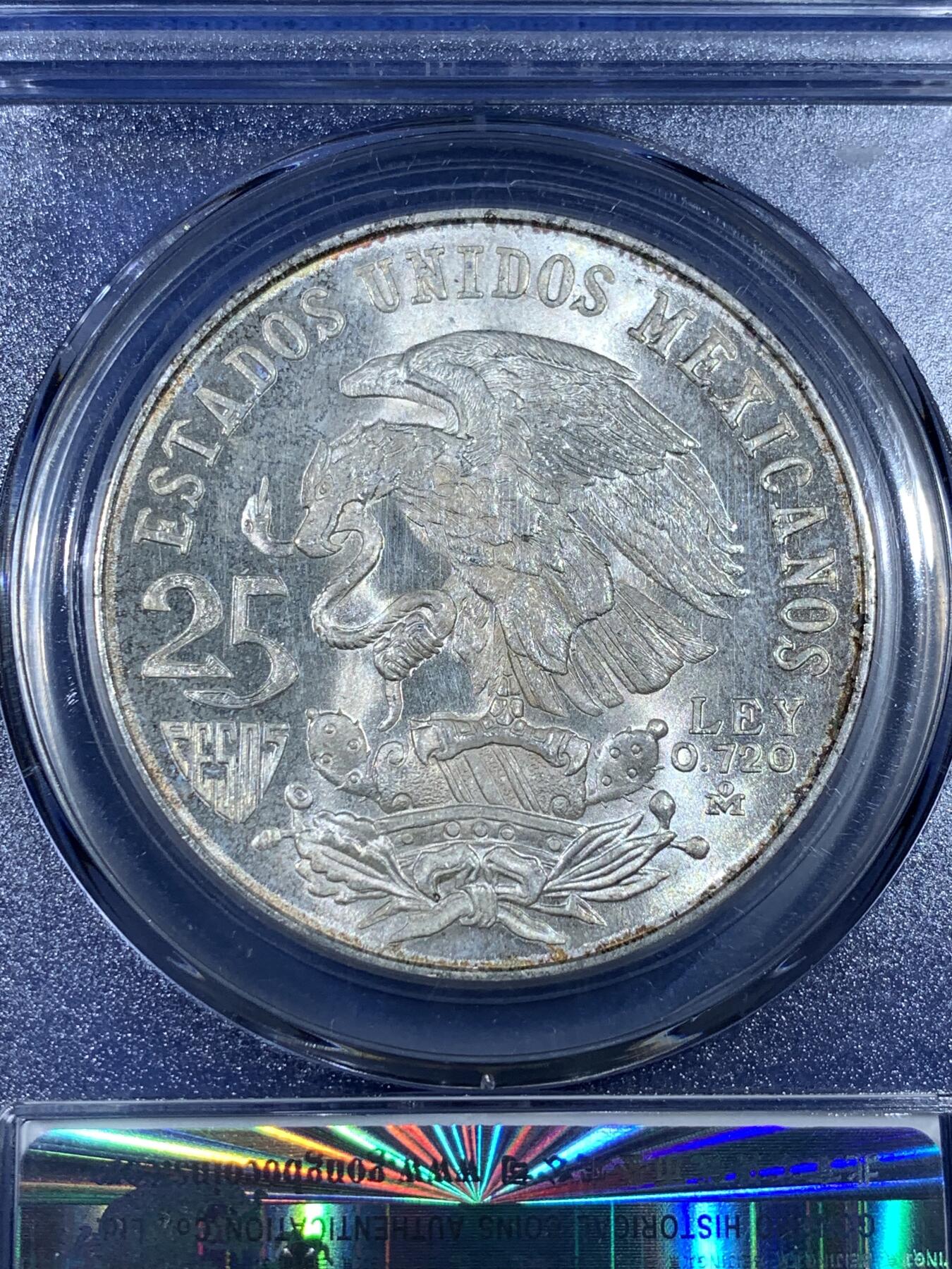 《竞宝斋》第481场 周日，周一 2场连拍 （全场包邮）20级店铺 欢迎送拍 公博 MS65 墨西哥1968年25比索银币 22.5g