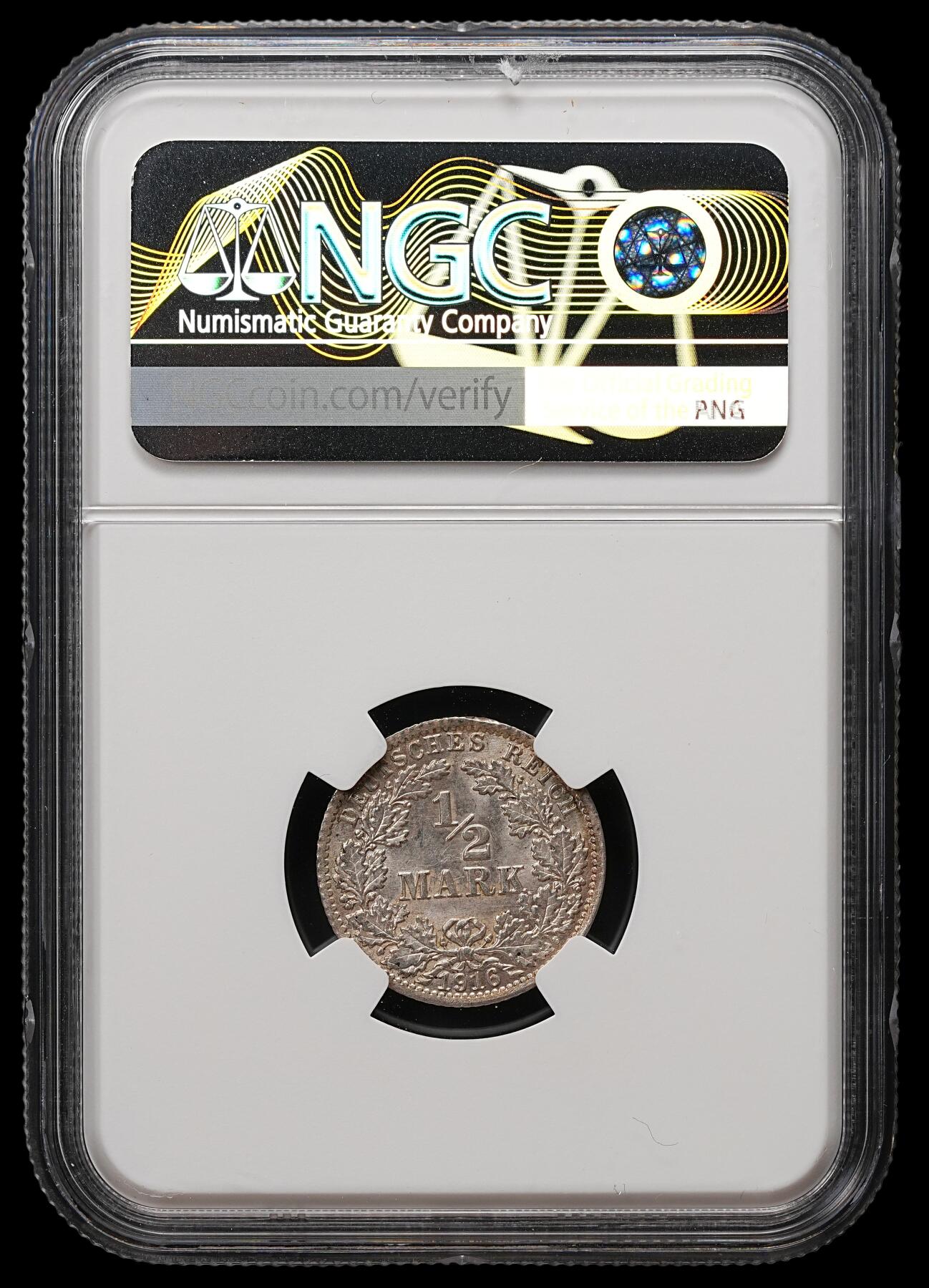 修遠堂世界钱币第112期 NGC MS63 1916年德国1/2马克银币 A厂铭
