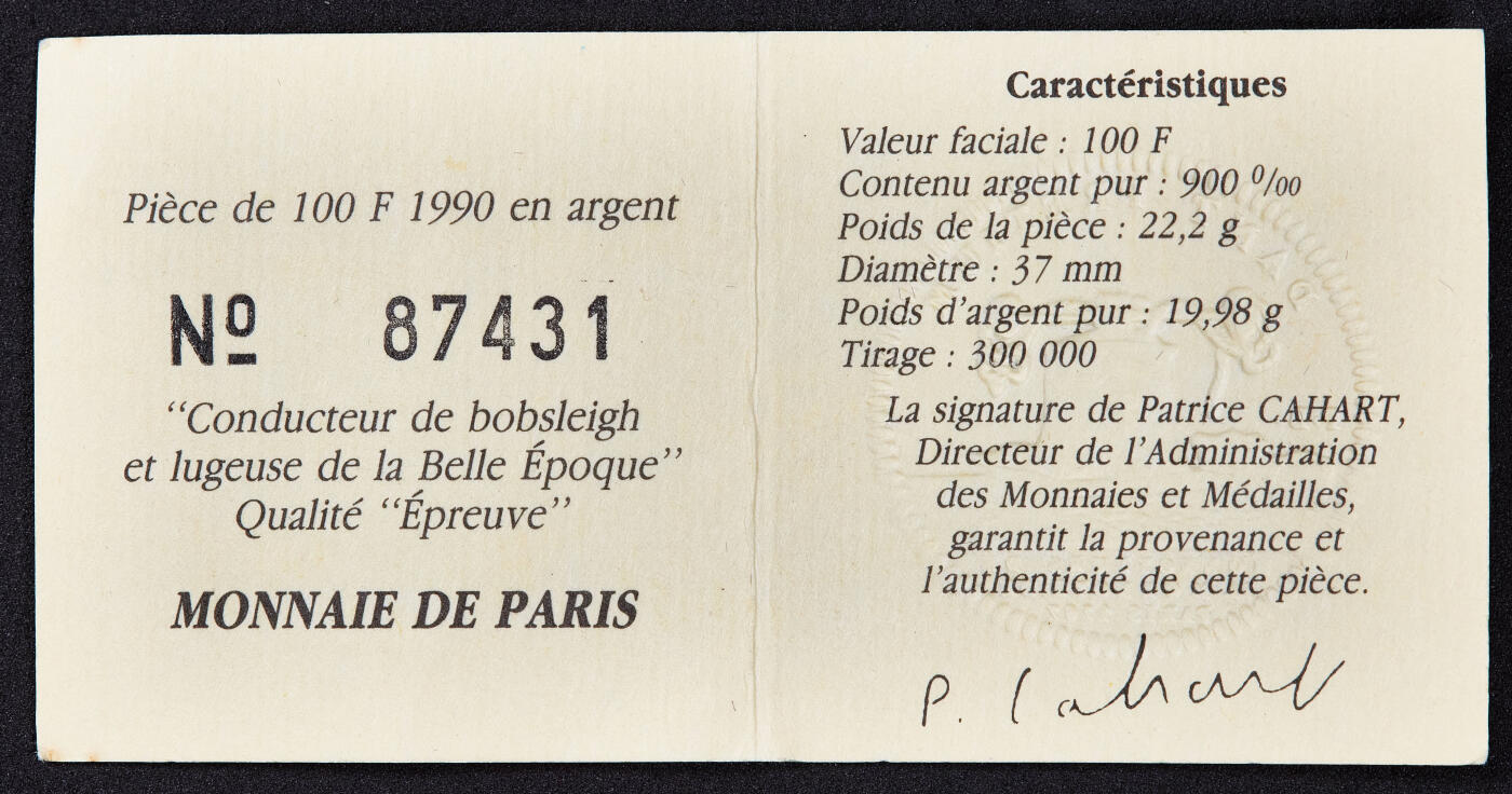 【俄甄集藏】满园春色-2026年(051)04-22星期三 晚 19:30 全场包邮 法国1990年纪念92年第十六届阿尔贝维尔冬奥会-单人雪橇100法郎精制银币，原盒证，重22.2克，900银