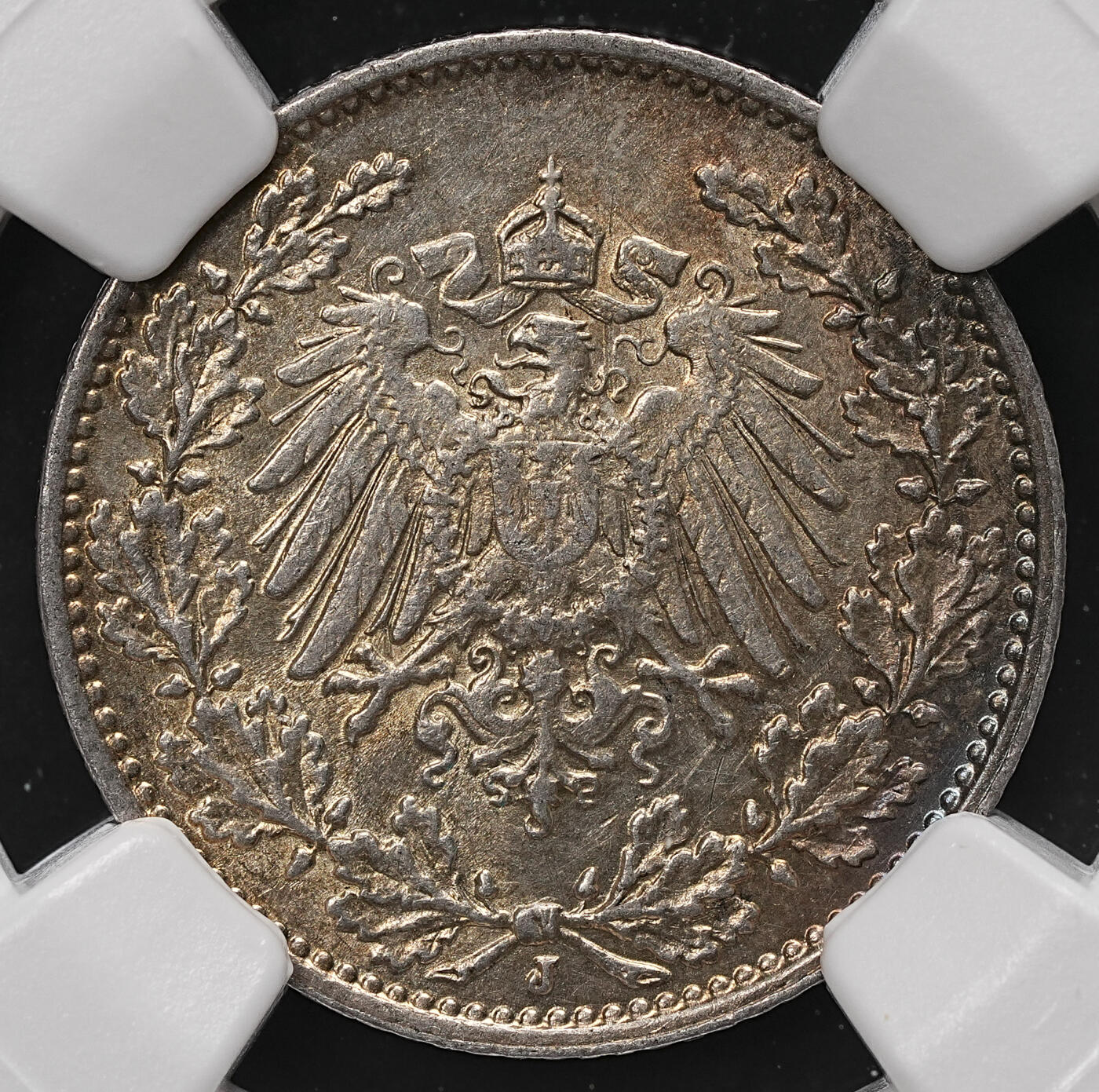 修遠堂世界钱币第112期 NGC MS62 1913年德国1/2马克银币，J厂铭，少见年份厂铭，仅80多万铸造量