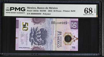 【礼羽收藏】🌏世界钱币拍卖第133期 - 【BB0088989】2022年墨西哥50面值 塑料钞 BB双冠 无3457尾8989 倒置号 圆圆号 数三靓号 PMG68 高分靓号 值得收藏
