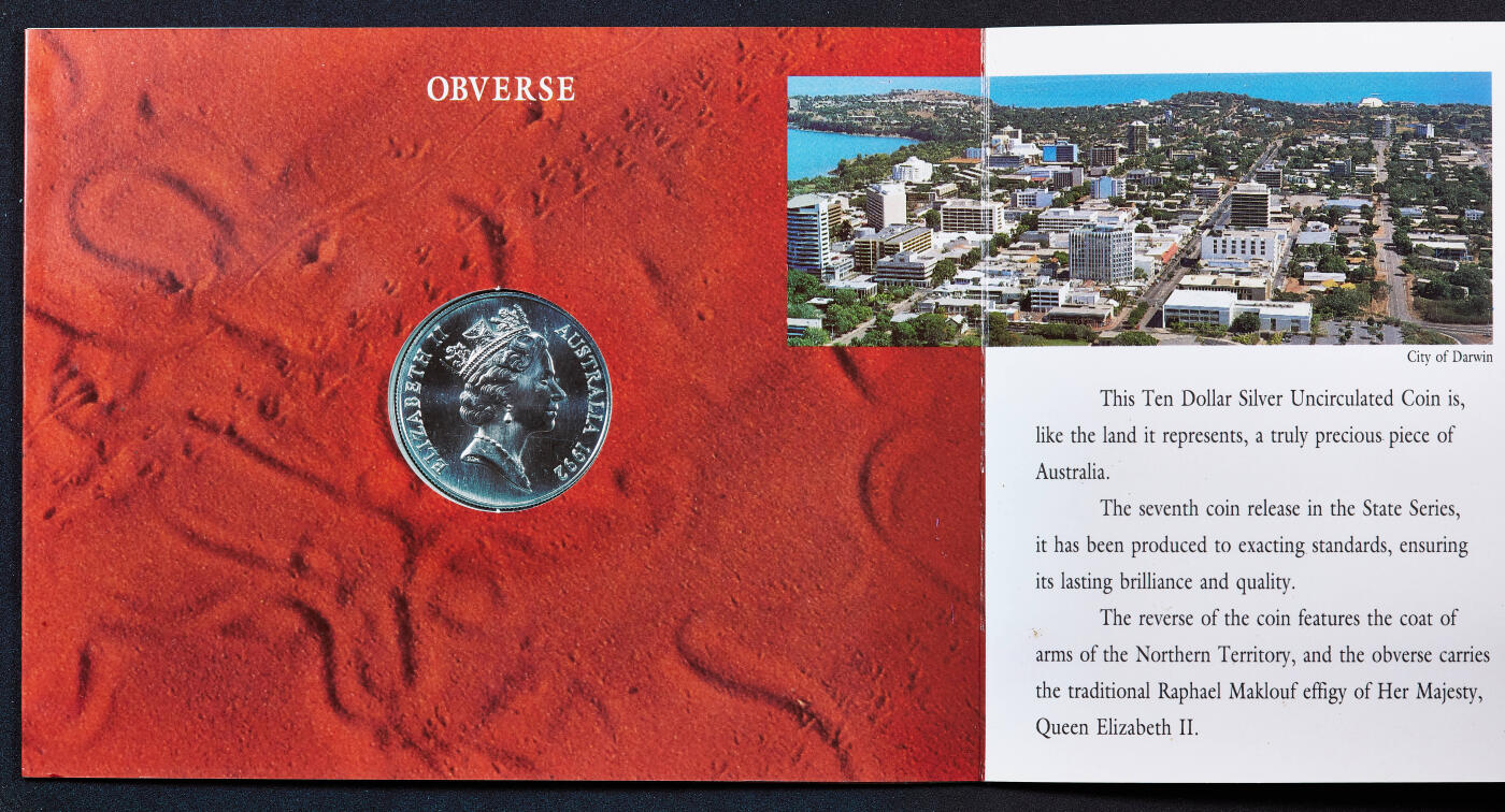 【俄甄集藏】满园春色-2026年(051)04-22星期三 晚 19:30 全场包邮 澳大利亚1992年行政区系列-北领地10元册装银币，带证，重20克，925银，发行量24164枚