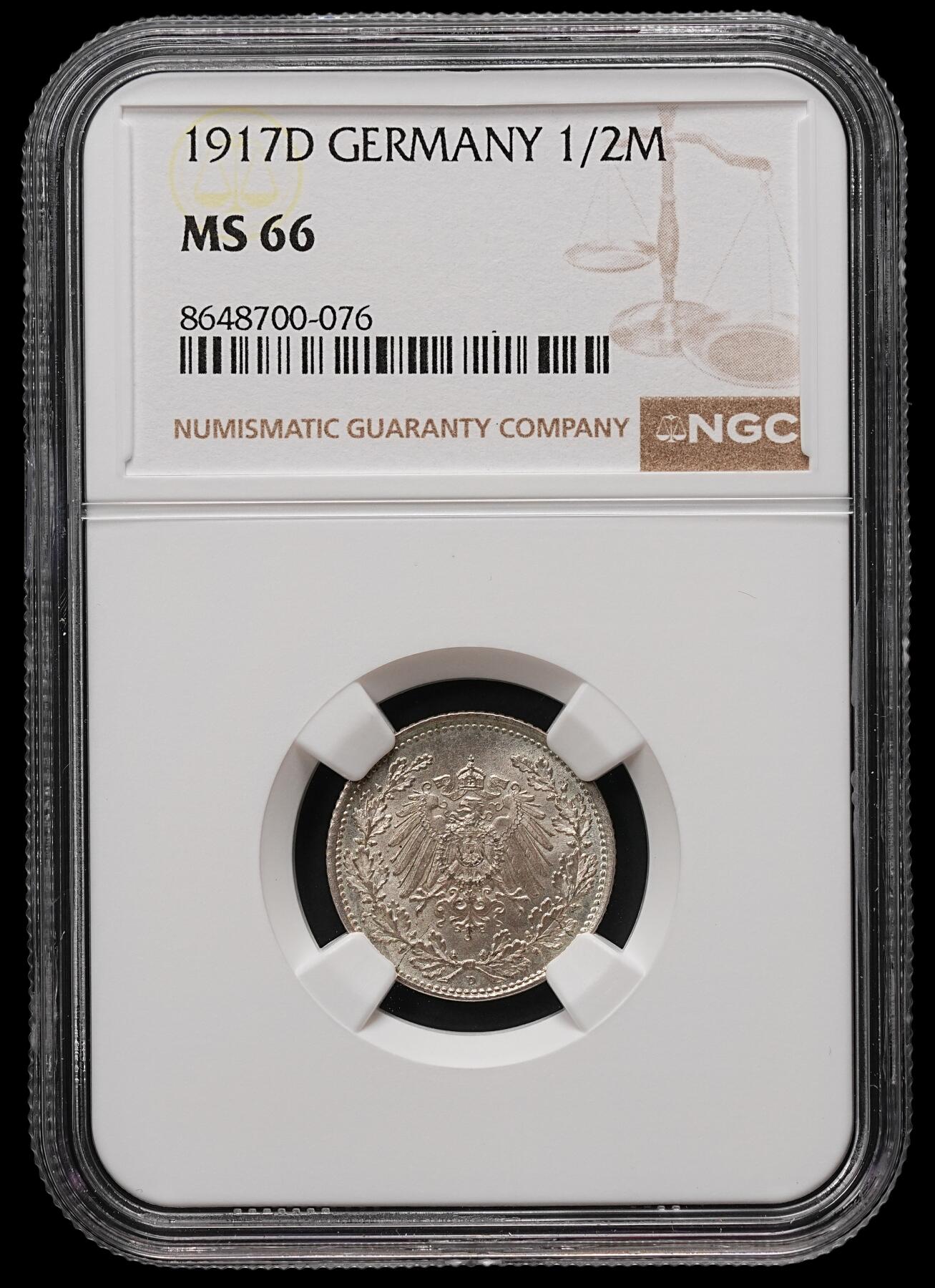 修遠堂世界钱币第112期 NGC MS66 1917年德国1/2马克银币 D厂铭
