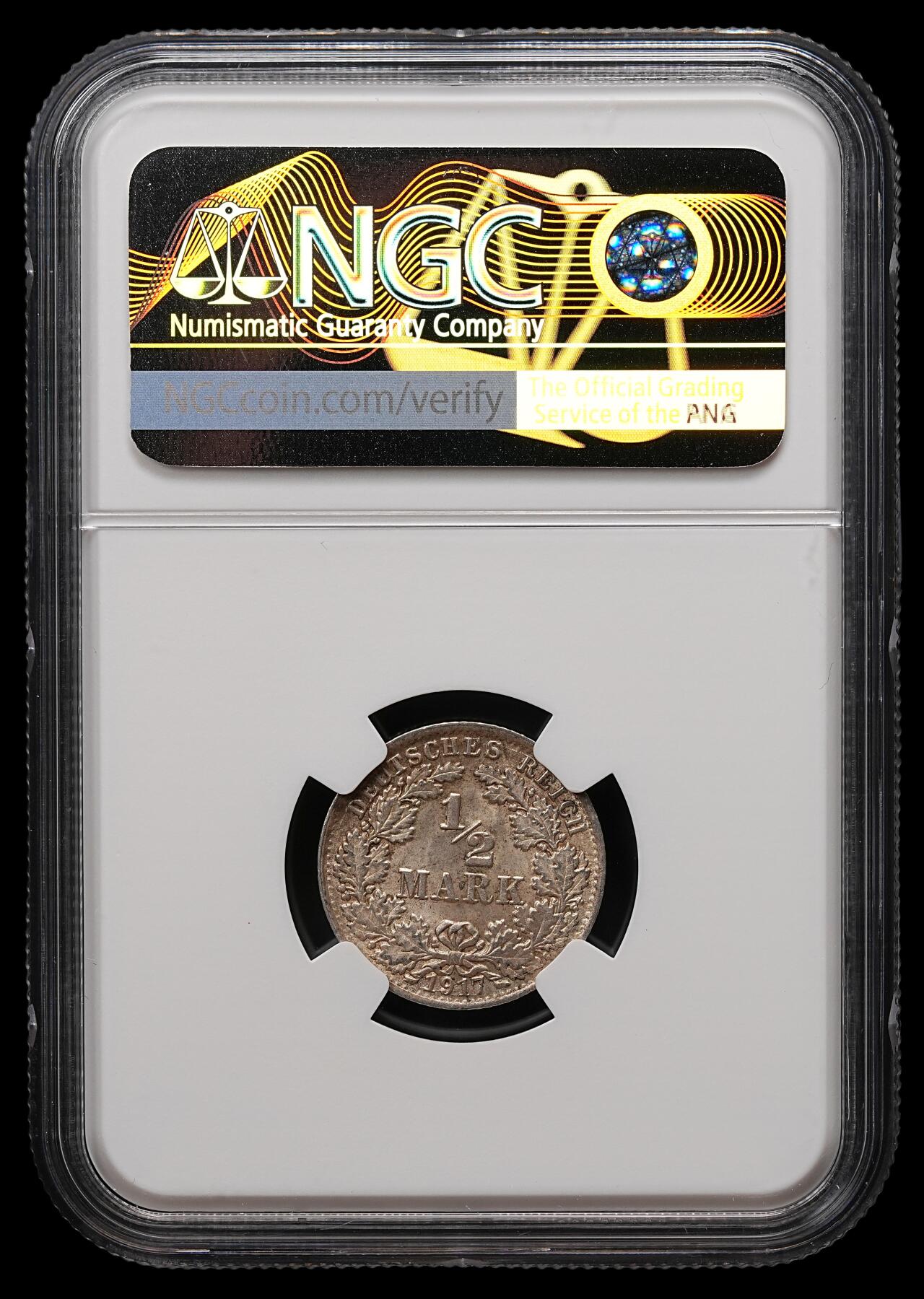 修遠堂世界钱币第112期 NGC MS64 1917年德国1/2马克银币，A厂铭