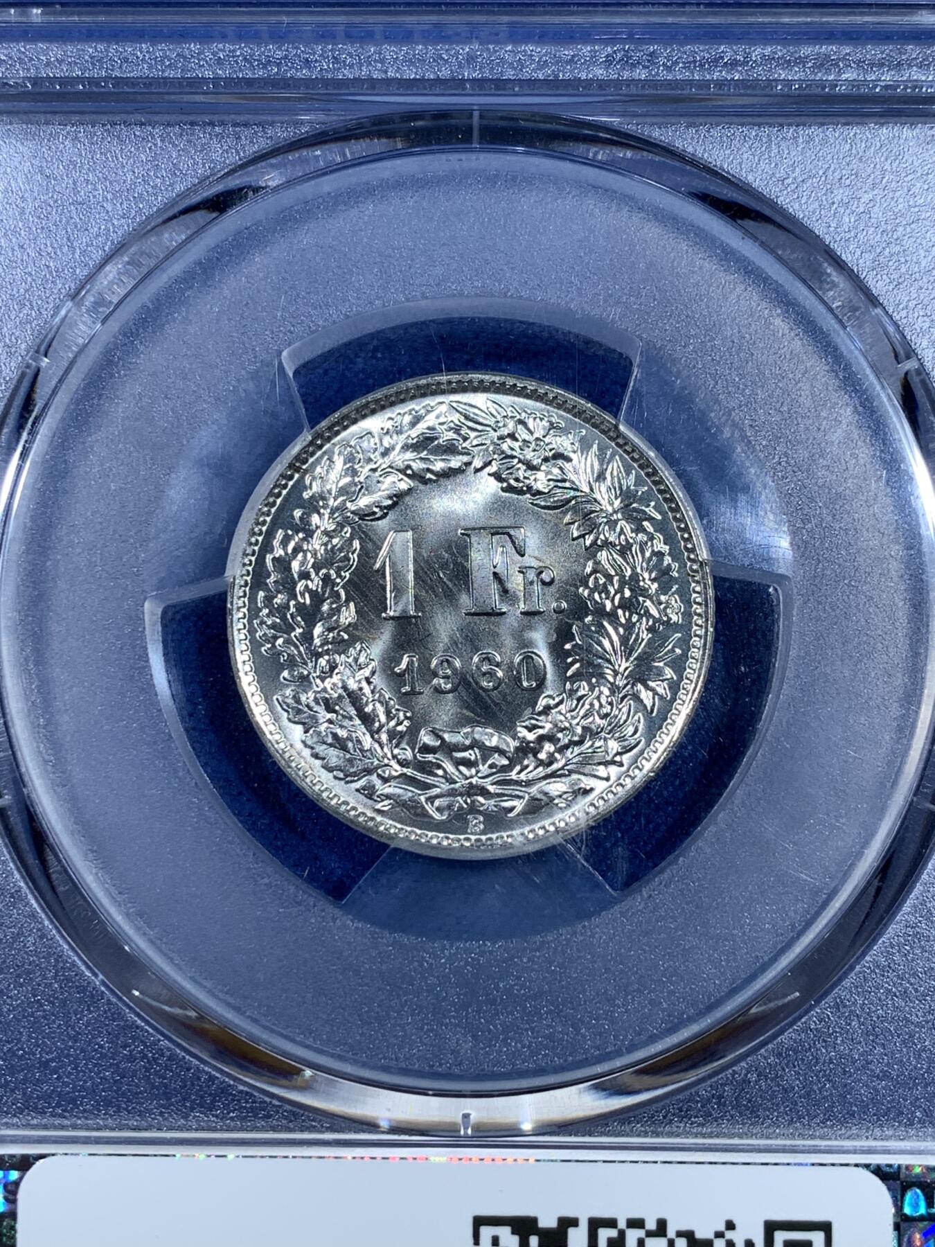 《竞宝斋》第481场 周日，周一 2场连拍 （全场包邮）20级店铺 欢迎送拍 PCGS MS65 瑞士1960年B版赫尔维蒂亚1法郎银币