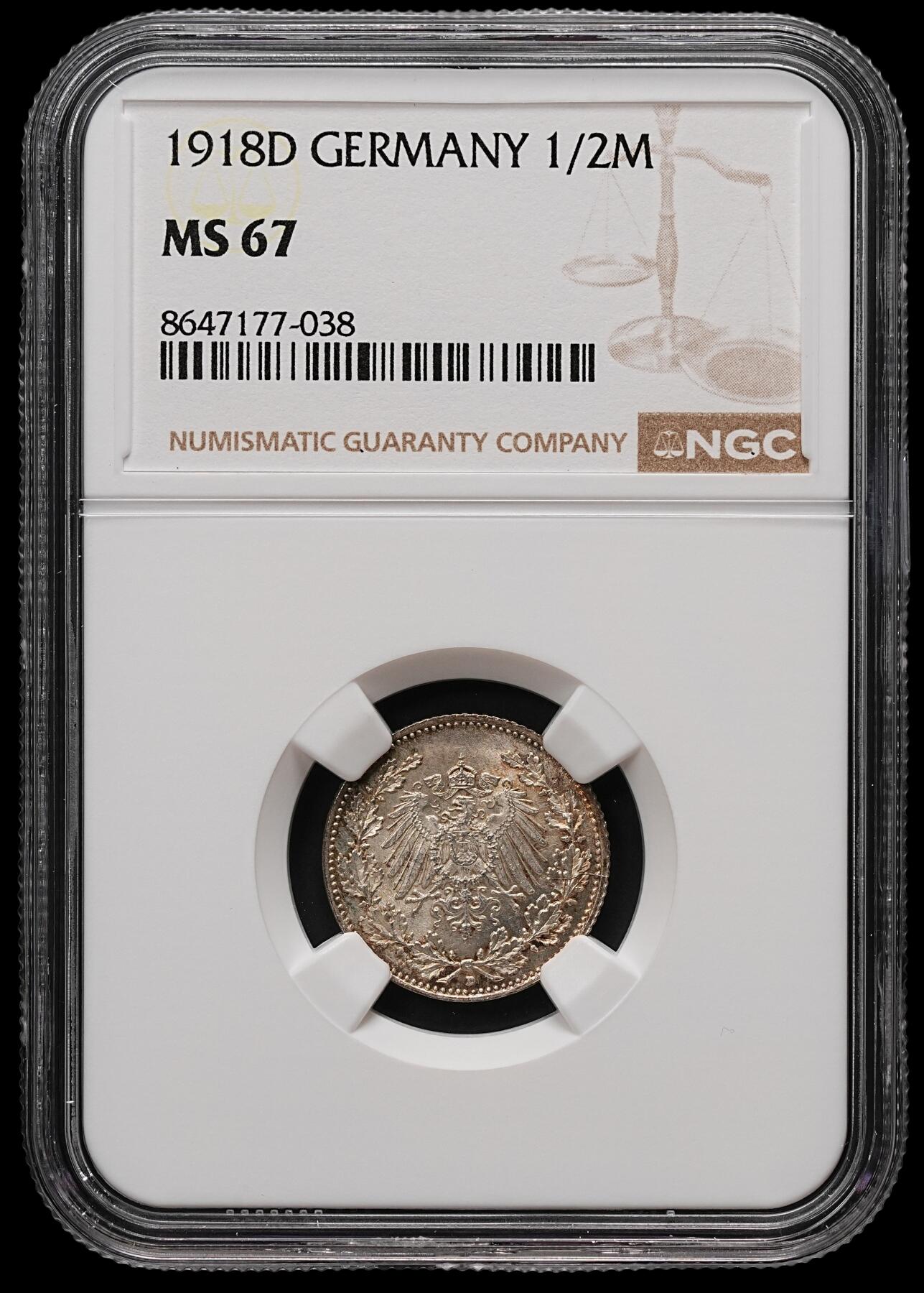 修遠堂世界钱币第112期 NGC MS67 1918年德国1/2马克银币 D厂铭