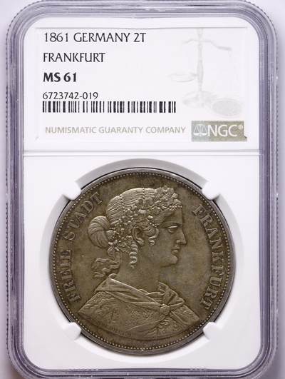 观钱 近现代机制币拍卖No.009（全场顺丰包邮，不区分偏远地区）  - 1861 年 德国法兰克福自由市少女 2 泰勒银币 NGC MS61 高分，带彩包浆