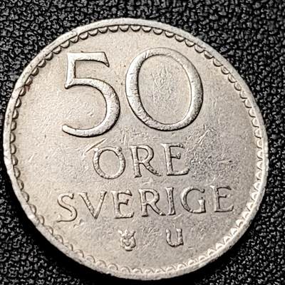 泉币菌-第228场-三月三 上巳节专场 拍品多 请提前出价 古斯塔夫六世皇冠王冠 瑞典1967年 50欧尔銅镍硬币22毫米4.8g