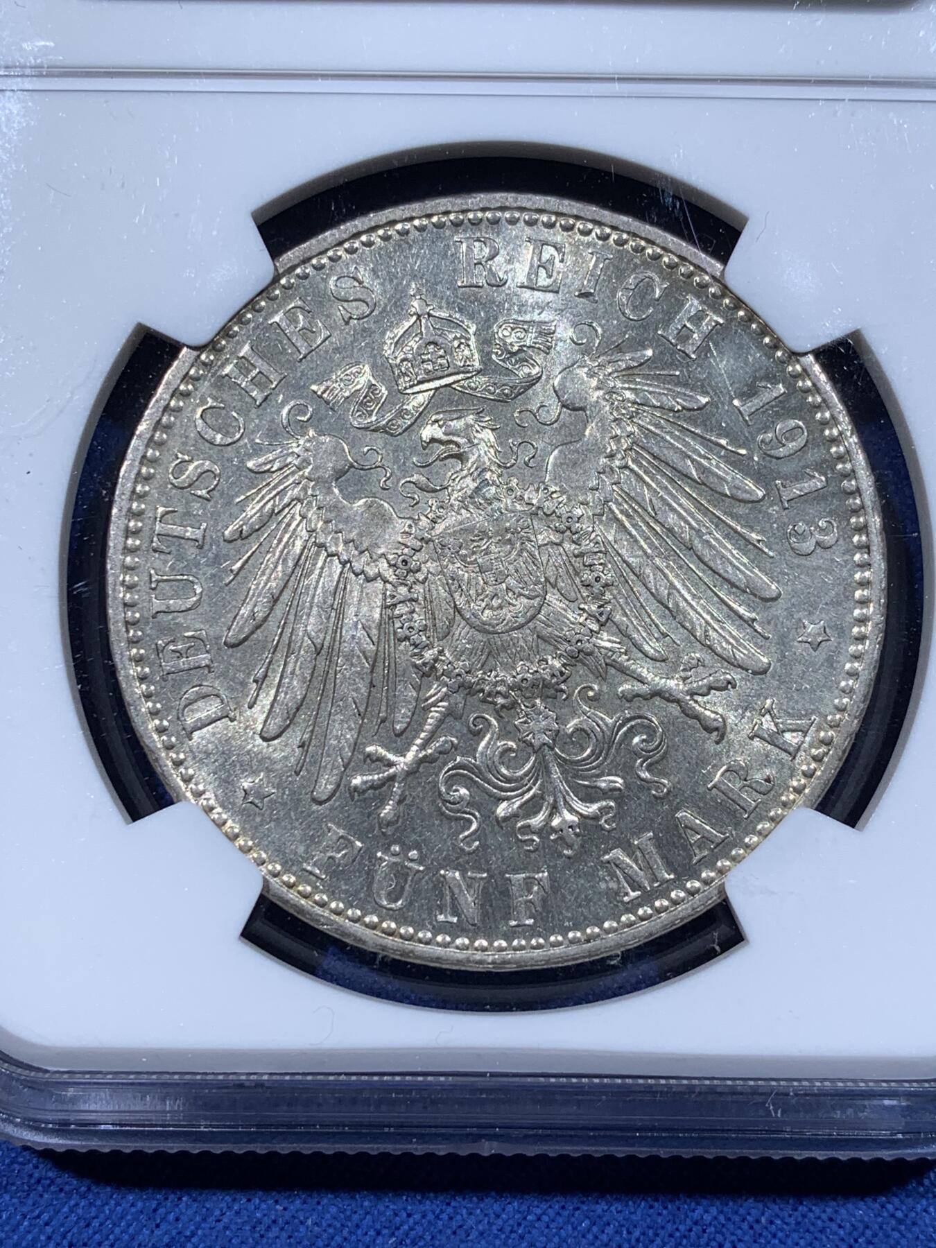 《竞宝斋》第481场 周日，周一 2场连拍 （全场包邮）20级店铺 欢迎送拍 NGC AU58 德国巴伐利亚1913年奥托5马克银币 流通币上58挺难的