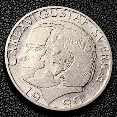 泉币菌-第228场-三月三 上巳节专场 拍品多 请提前出价 瑞典1990年1克朗铜镍币，卡尔十六世 古斯塔夫，25mm