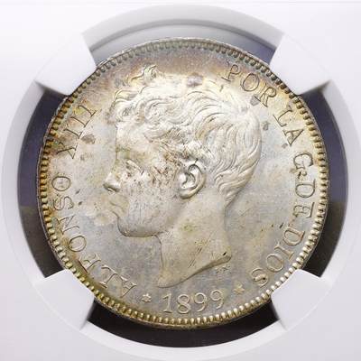 观钱 近现代机制币拍卖No.009（全场顺丰包邮，不区分偏远地区）  - 1899 年 西班牙阿方索十三世 5 比塞塔银币（双柱银币） NGC MS63，粉光彩包浆，少见高分品相