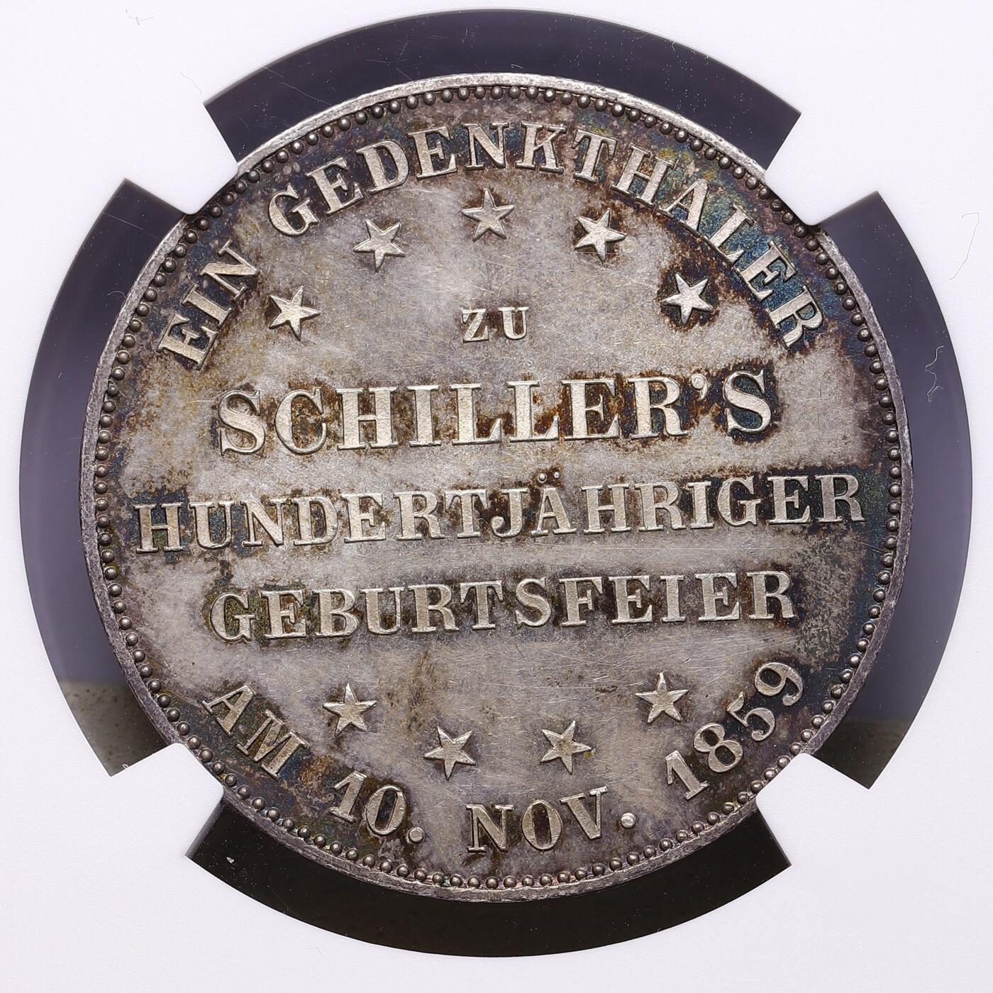 观钱 近现代机制币拍卖No.009（全场顺丰包邮，不区分偏远地区）  1859 年 德国法兰克福自由市 席勒纪念 1 泰勒银币 NGC MS63