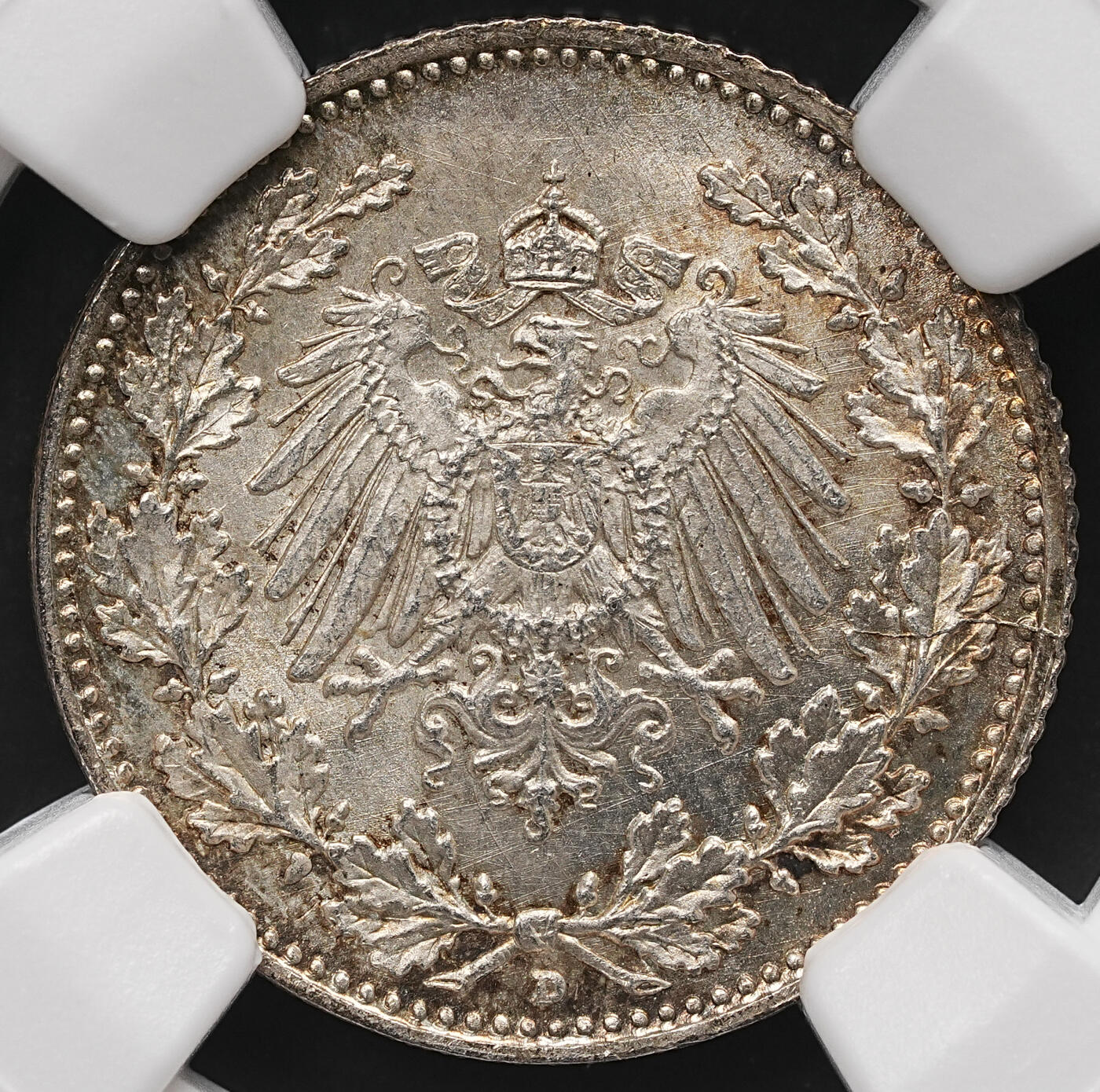 修遠堂世界钱币第112期 NGC MS67 1918年德国1/2马克银币 D厂铭