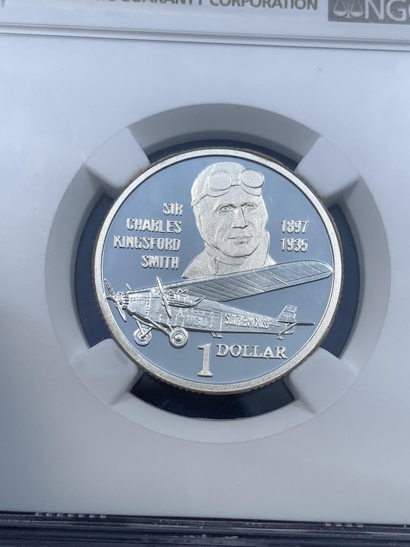 《竞宝斋》第481场 周日，周一 2场连拍 （全场包邮）20级店铺 欢迎送拍 NGC PF69UC 澳大利亚1997年查尔斯·金斯福德·史密斯爵士百年诞辰纪念银币