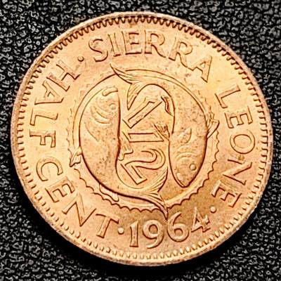 泉币菌-第228场-三月三 上巳节专场 拍品多 请提前出价 - 铜光美品 双鱼 1964年塞拉利昂1/2分半分青铜硬币 米尔顿爵士 20.3MM