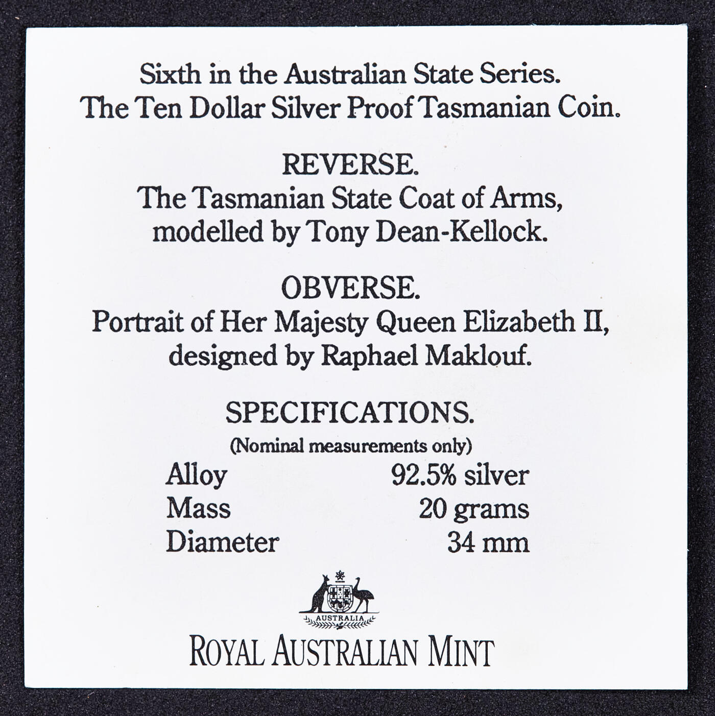 【俄甄集藏】满园春色-2026年(051)04-22星期三 晚 19:30 全场包邮 澳大利亚1991年行政区系列-塔斯马尼亚州10元精制银币，原盒证，重20克，925银，发行量27664枚