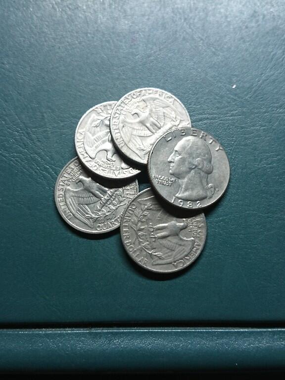 松南世界钱币——260420 美国25分1/4美元镍币5枚合计1.25美元1