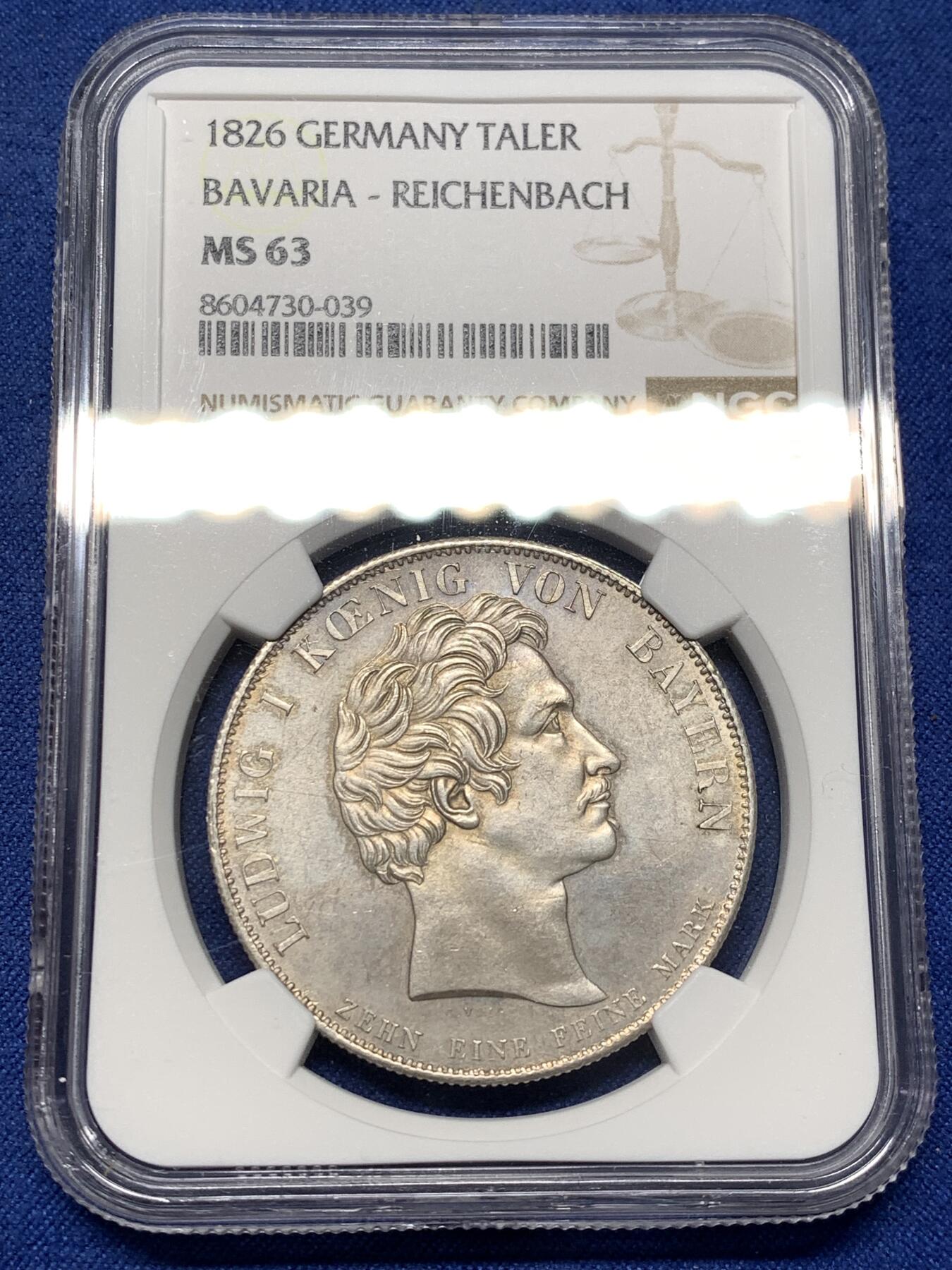 《竞宝斋》第481场 周日，周一 2场连拍 （全场包邮）20级店铺 欢迎送拍 季军分 NGC MS63 德国 巴伐利亚 1826年 赖兴巴赫和弗劳恩霍夫 泰勒大银币 少见的品种 不错的分数