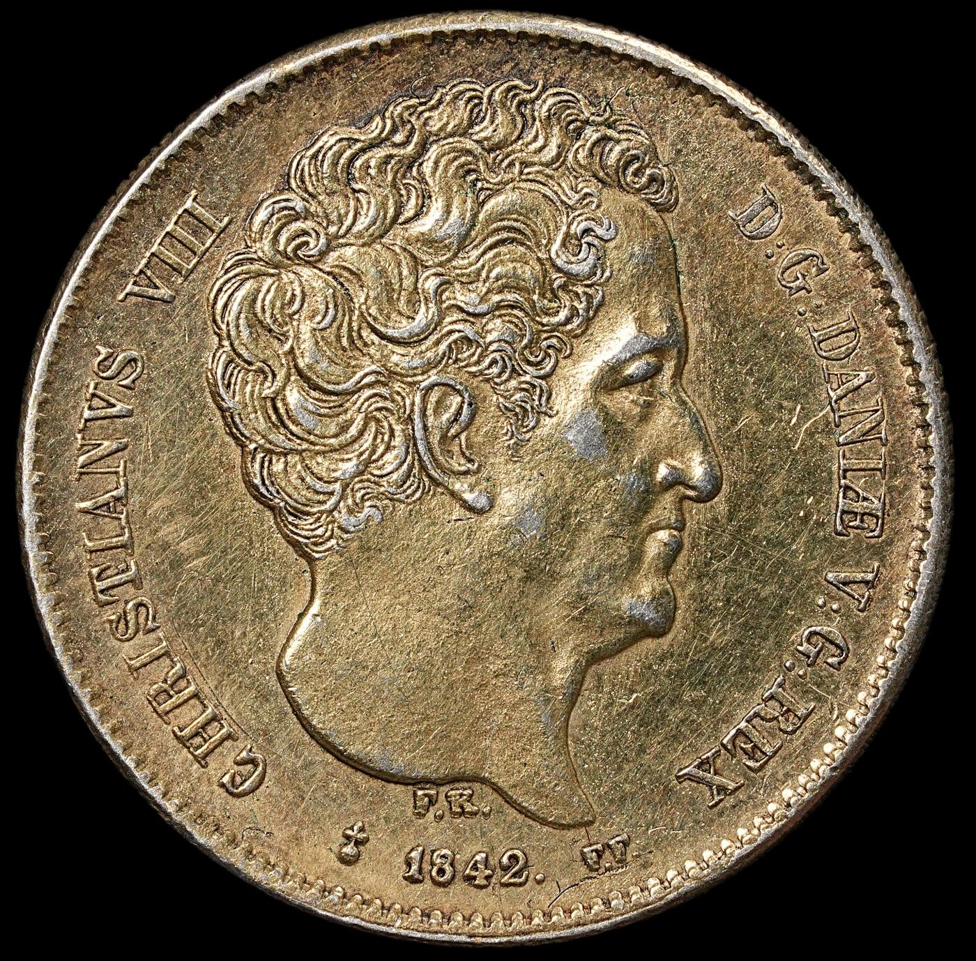 修遠堂世界钱币第112期 1842年丹麦国王克里斯蒂安八世 32 Rigsbankskilling 银币，6.10g