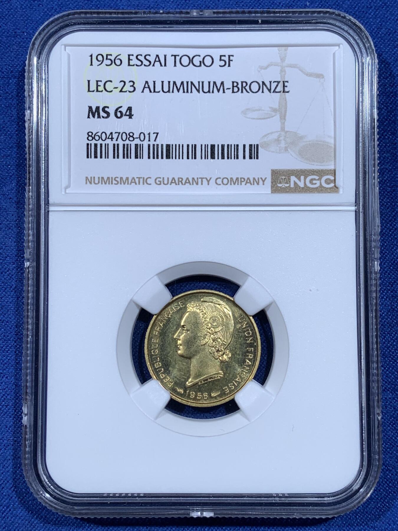 《竞宝斋》第481场 周日，周一 2场连拍 （全场包邮）20级店铺 欢迎送拍 三枚一组 NGC MS64-65 法属多哥 1956年 5/10/25法郎 ESSAI样币 统一高分状态