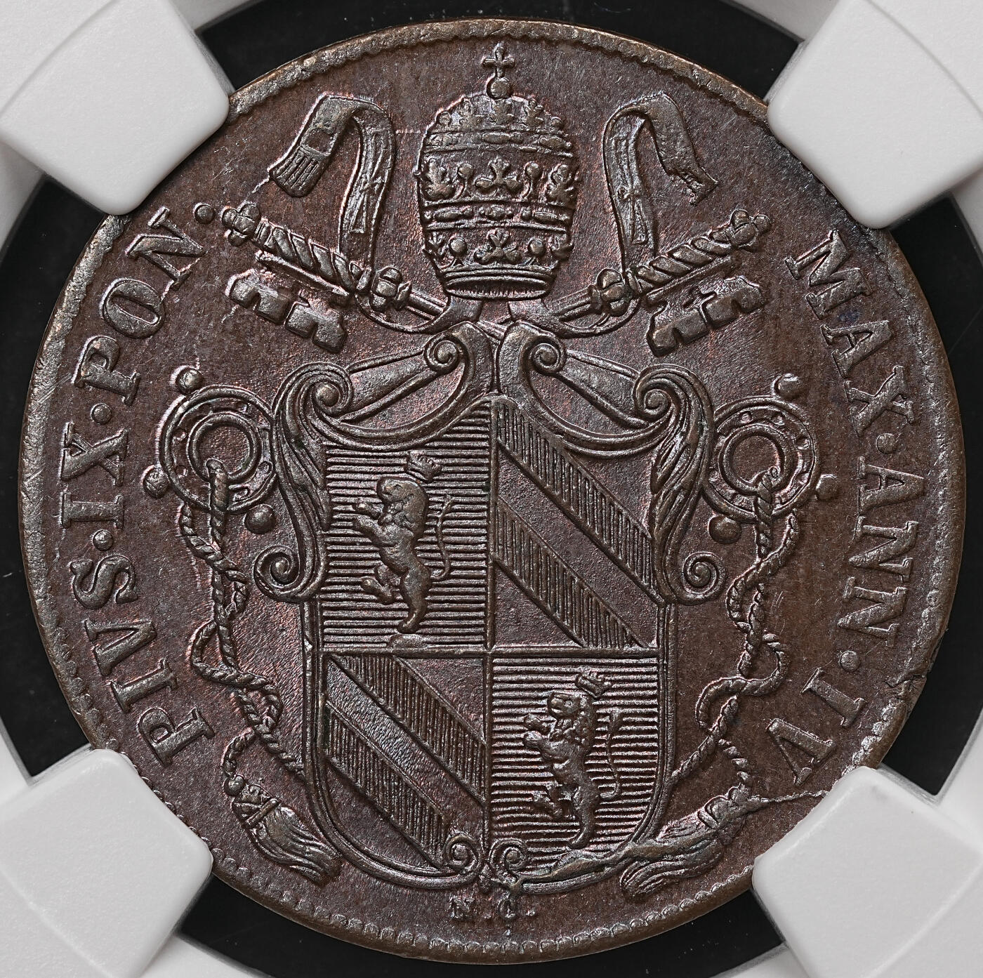 修遠堂世界钱币第112期 NGC MS64BN 1849年教皇国1 Baiocco 铜币