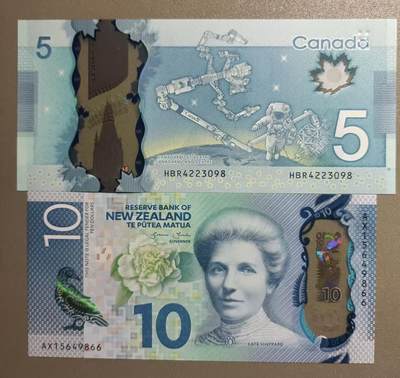 得物收藏 Chase Auction 第37期 - - 外钞、银元、民国钞和人民币混合场！ 持续更新！ 新西兰2015年10元塑料钞山蓝鸭UNC，AX15649886，加拿大201年5元塑料钞UNC，HBk4223098两枚同拍！如图发货！