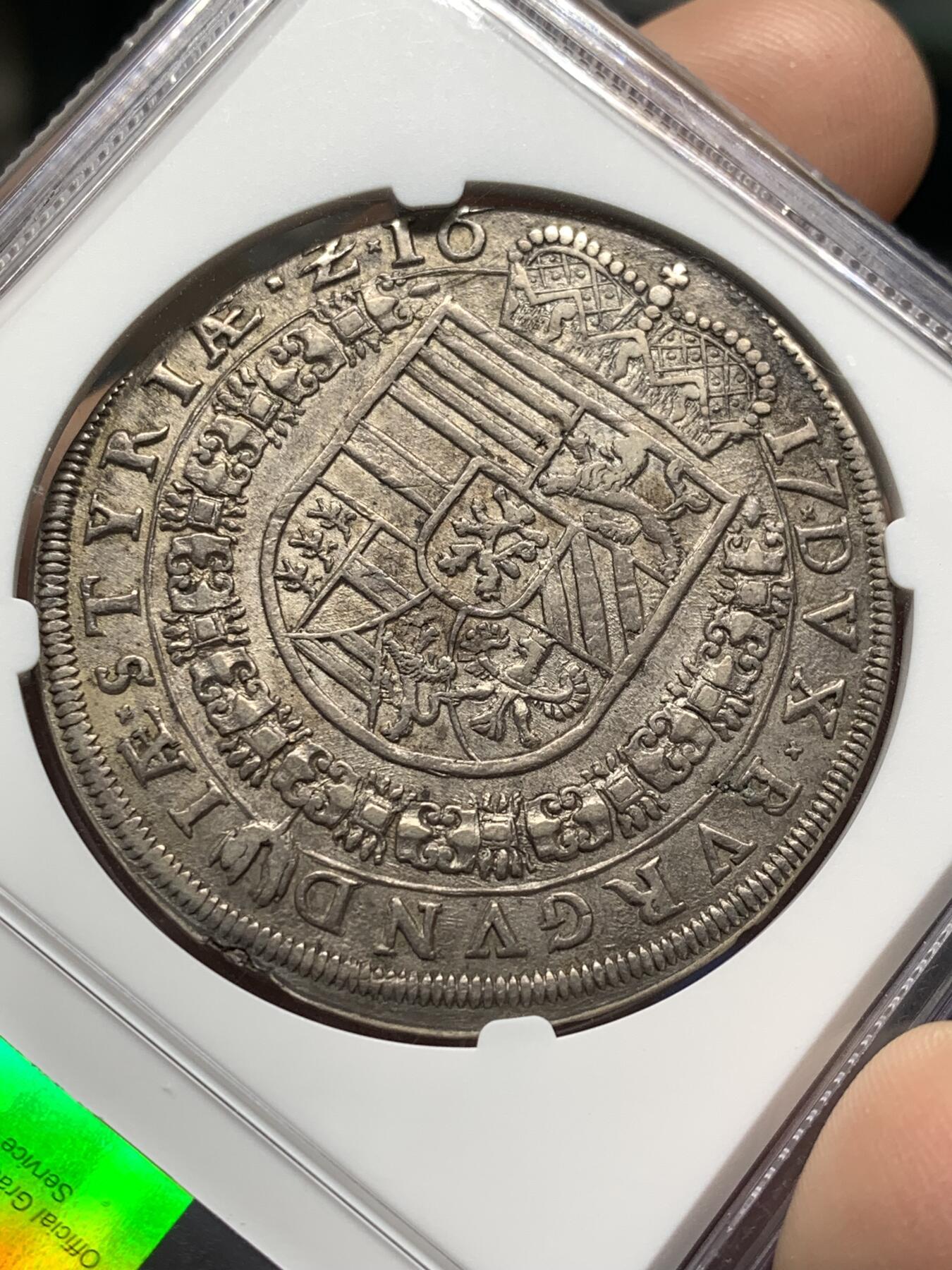 《竞宝斋》第481场 周日，周一 2场连拍 （全场包邮）20级店铺 欢迎送拍 NGC AU58 奥地利帝国 1617年 施蒂利亚公国 费迪南德 泰勒大银币 独年发行 稀少格拉兹厂版本 历经400多年 细节依然传神 去年53分成交价过1W 上月同分1.5w成交