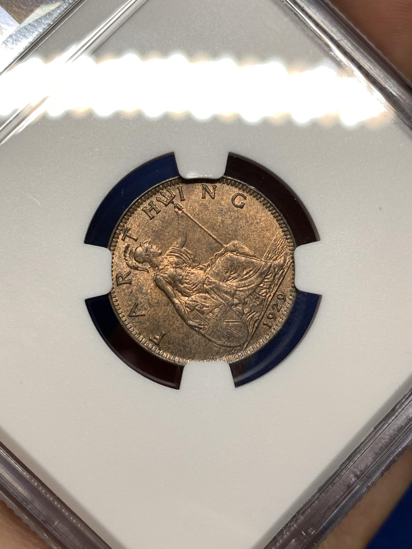 《竞宝斋》第481场 周日，周一 2场连拍 （全场包邮）20级店铺 欢迎送拍 NGC MS63BN 英国1929乔五1/4便士1法新 较为少见的年份，币面观感很好的一枚，近RB状态。亚军分 