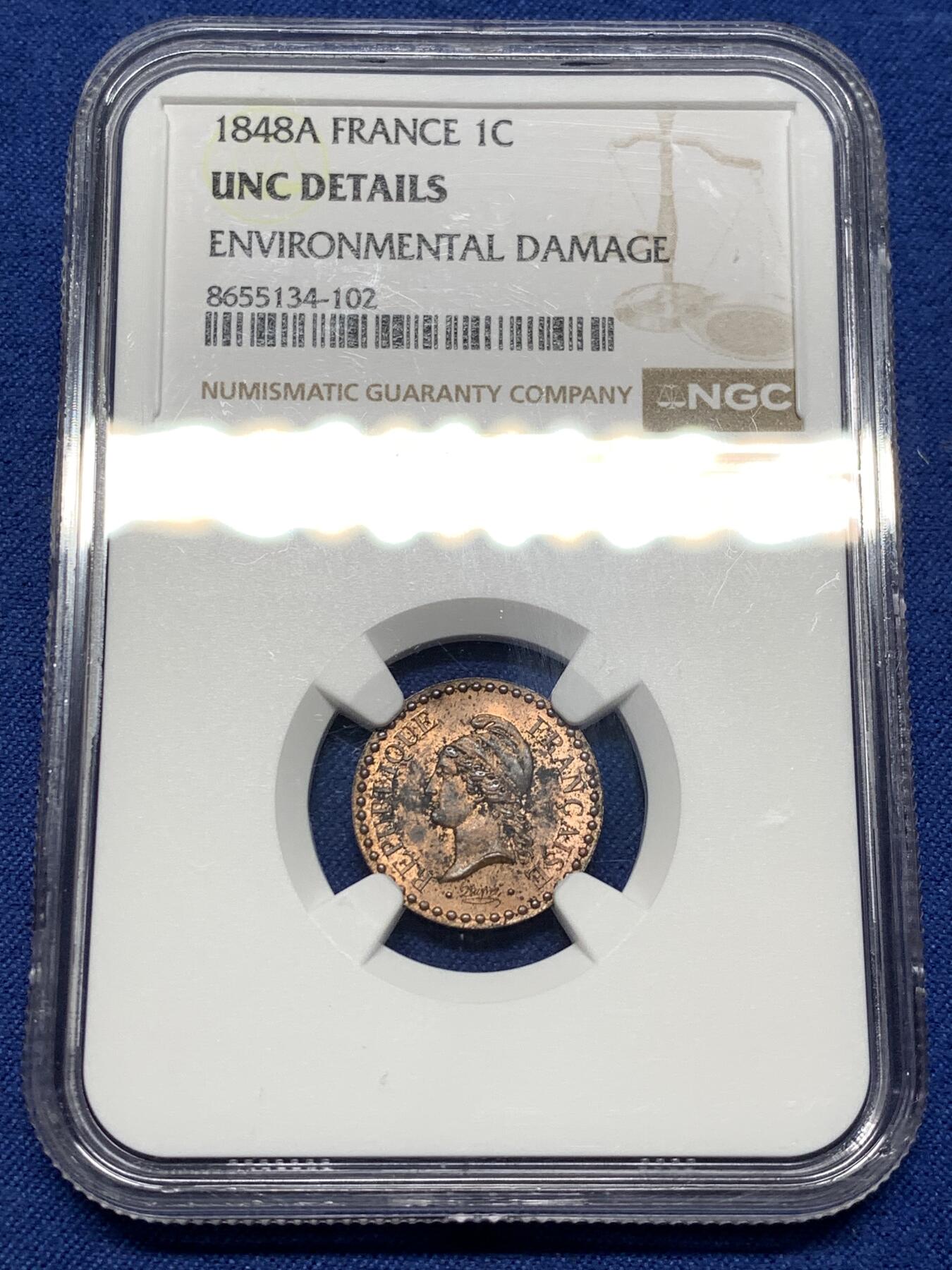 《竞宝斋》第481场 周日，周一 2场连拍 （全场包邮）20级店铺 欢迎送拍 NGC UNCD 法国 1848A 1分 铜币