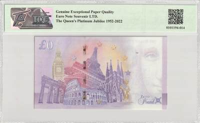 PThappally收藏第57次拍卖，英联邦地区硬币纸币 爱尔兰共和国 2022 欧元纪念币 伊丽莎白二世白金庆典 零欧元 TQG 67 GEPQ Superb Gem UNC