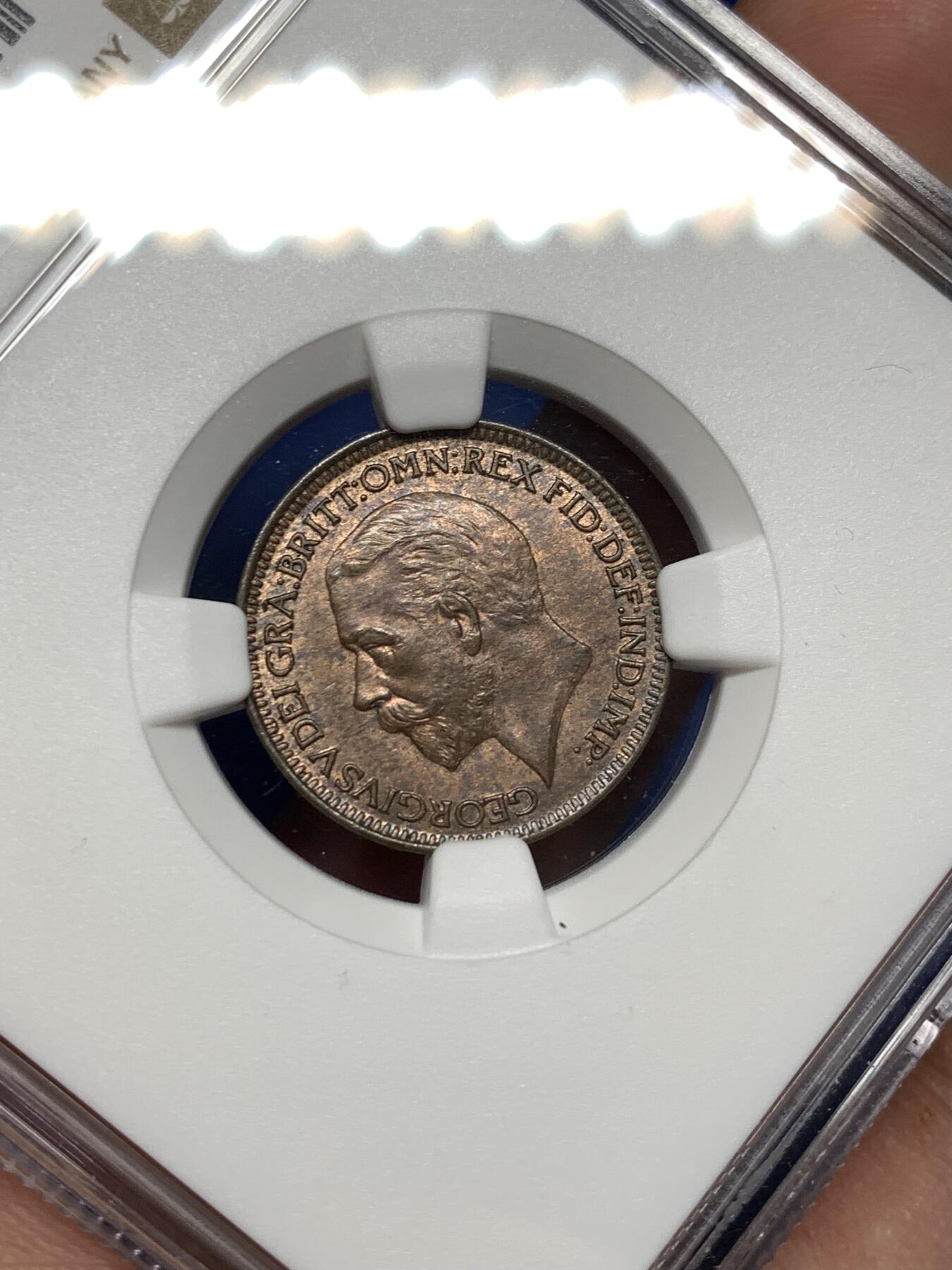 《竞宝斋》第481场 周日，周一 2场连拍 （全场包邮）20级店铺 欢迎送拍 NGC MS63BN 英国1929乔五1/4便士1法新 较为少见的年份，币面观感很好的一枚，近RB状态。亚军分 