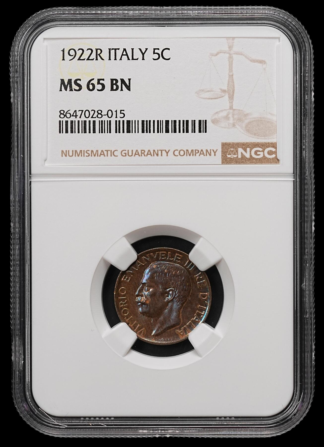 修遠堂世界钱币第112期 NGC MS65BN 1922年意大利5分铜币，上期拍品，被鸽重拍