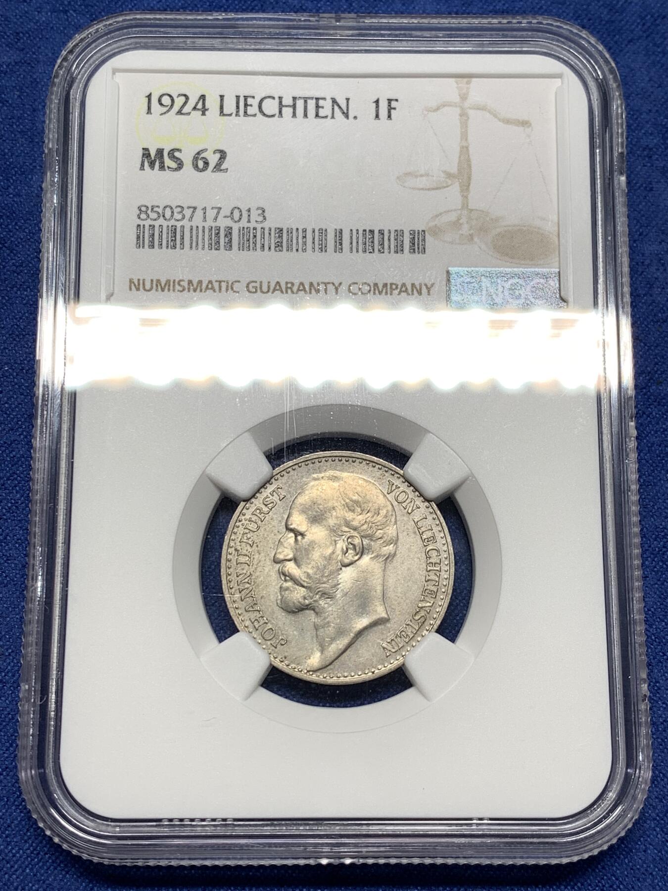 《竞宝斋》第481场 周日，周一 2场连拍 （全场包邮）20级店铺 欢迎送拍 NGC MS62 列支敦士登1924年1法郎，独年发行 郎版比克朗版少得多 细节漂亮，分数不错 仅6万的发行量