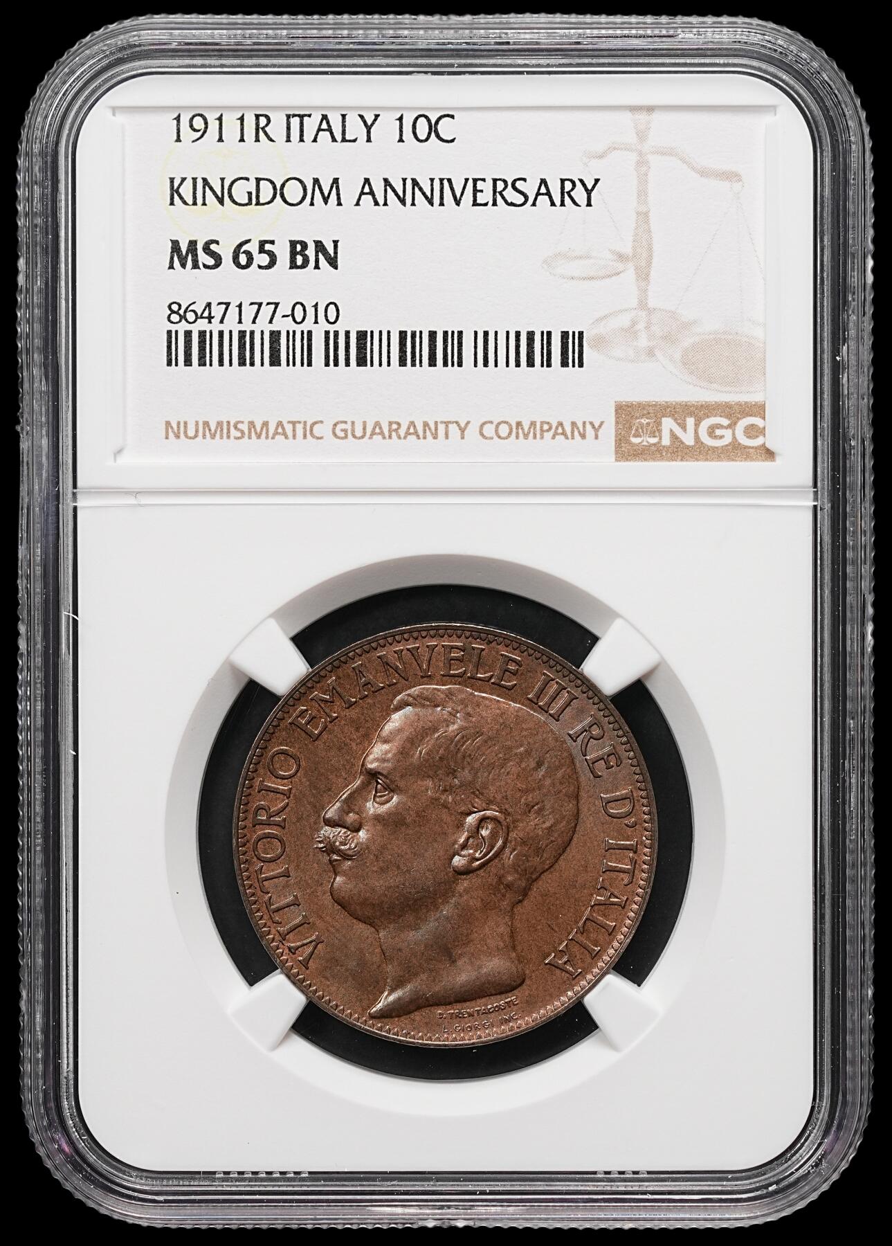 修遠堂世界钱币第112期 NGC MS65RB 1911年意大利王国建国50周年托奶10分铜币