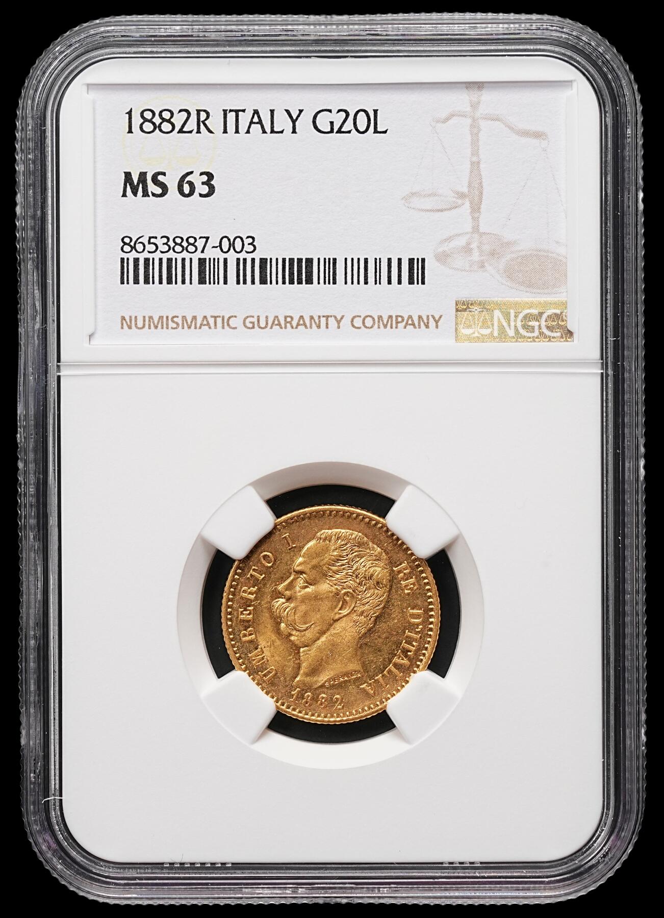 修遠堂世界钱币第112期 NGC MS63 1882年意大利20里拉金币，6.45g，含金90%